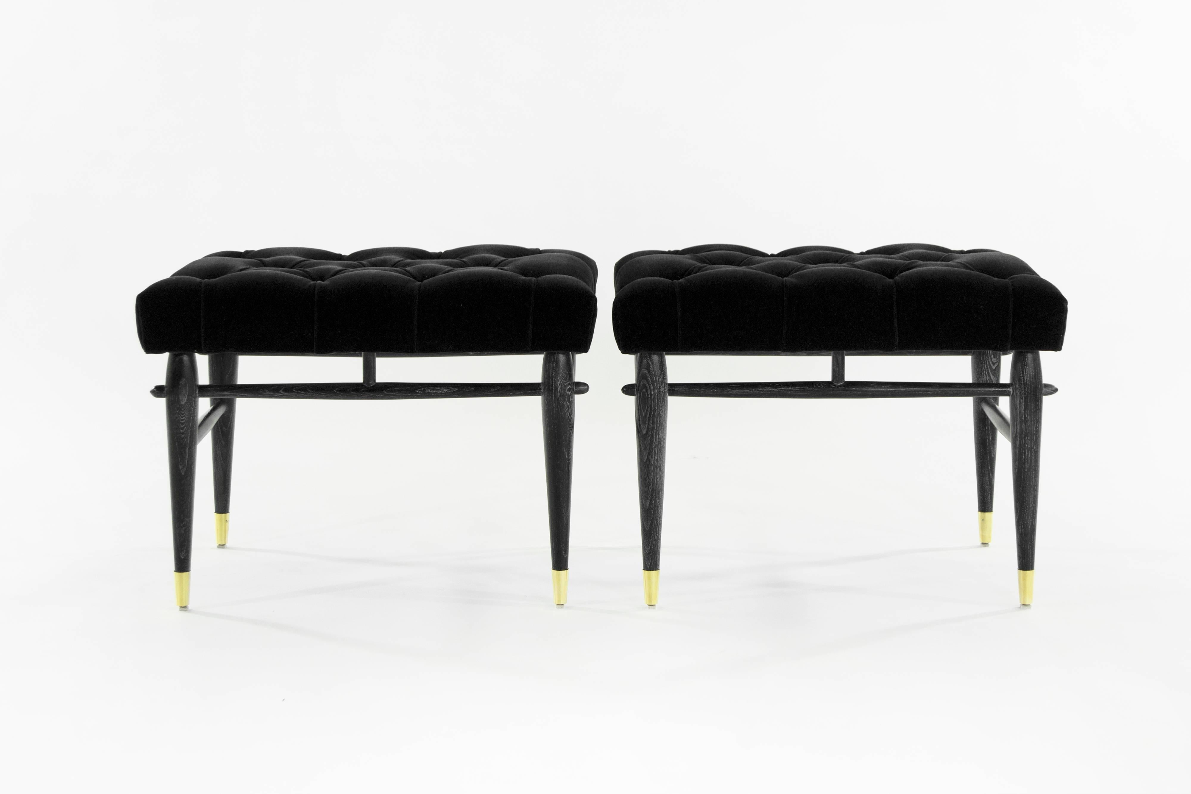 Mid-Century Modern Pair of Cerused Benches in Tufted Black Mohair, 1950s