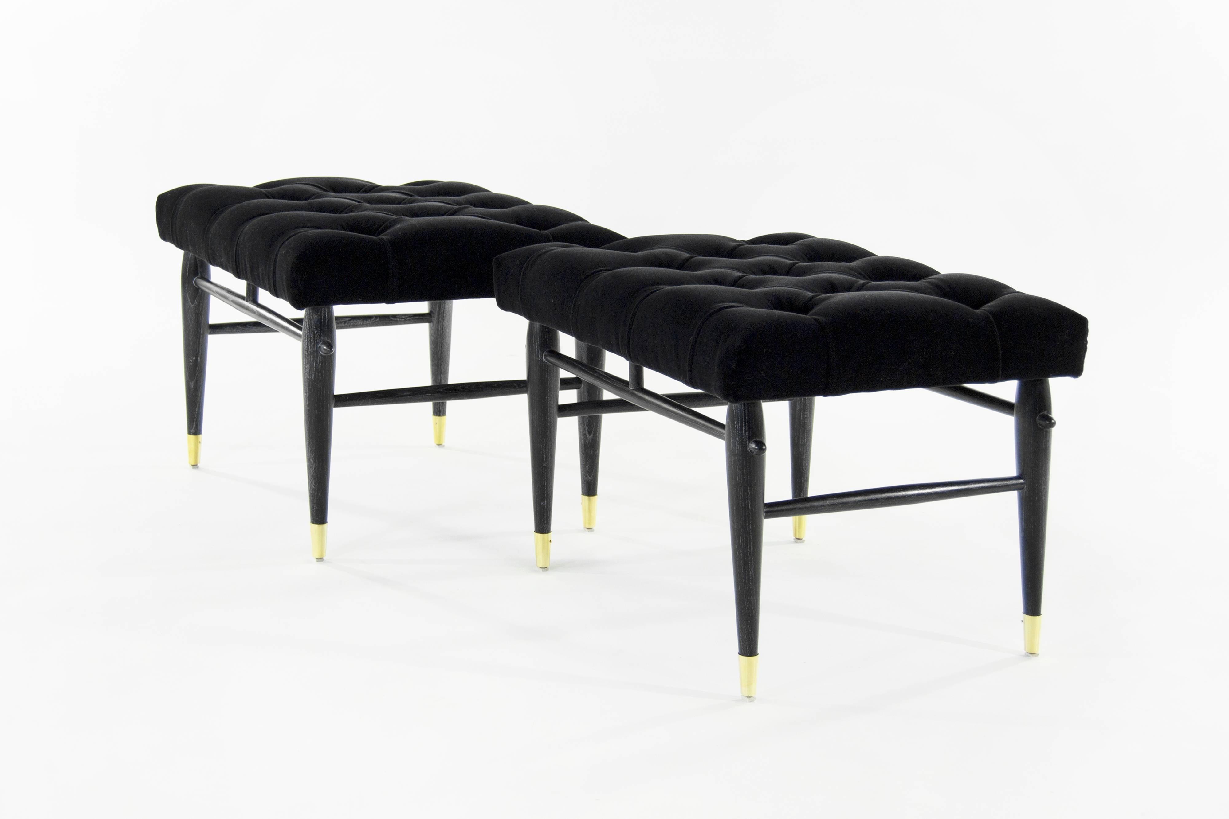Pair of Cerused Benches in Tufted Black Mohair, 1950s In Excellent Condition In Westport, CT