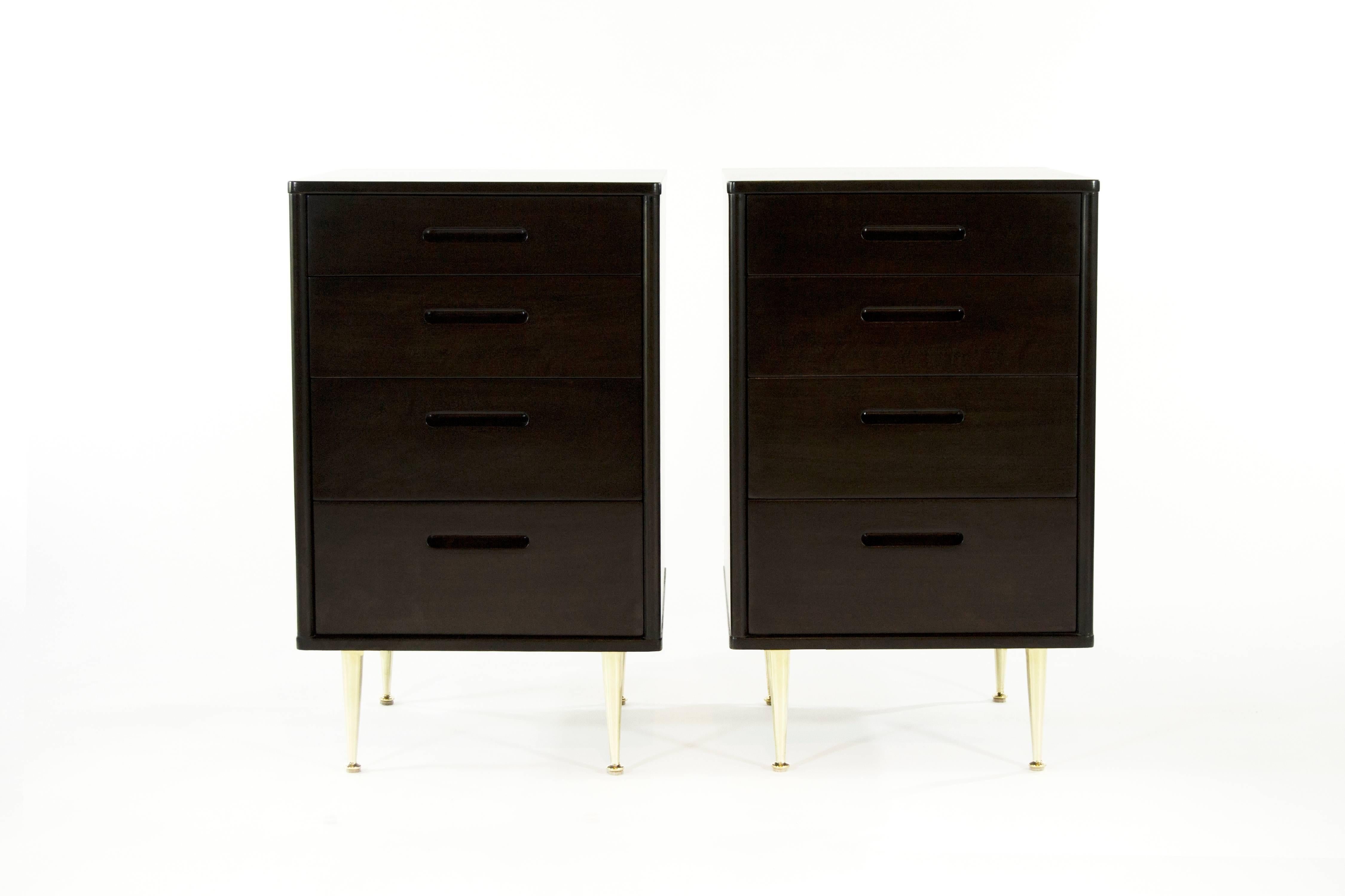 Gorgeous pair of bedside tables or nightstands designed by Edward Wormley for Dunbar. Newly refinished in dark chocolate. Solid brass tapered legs newly polished.