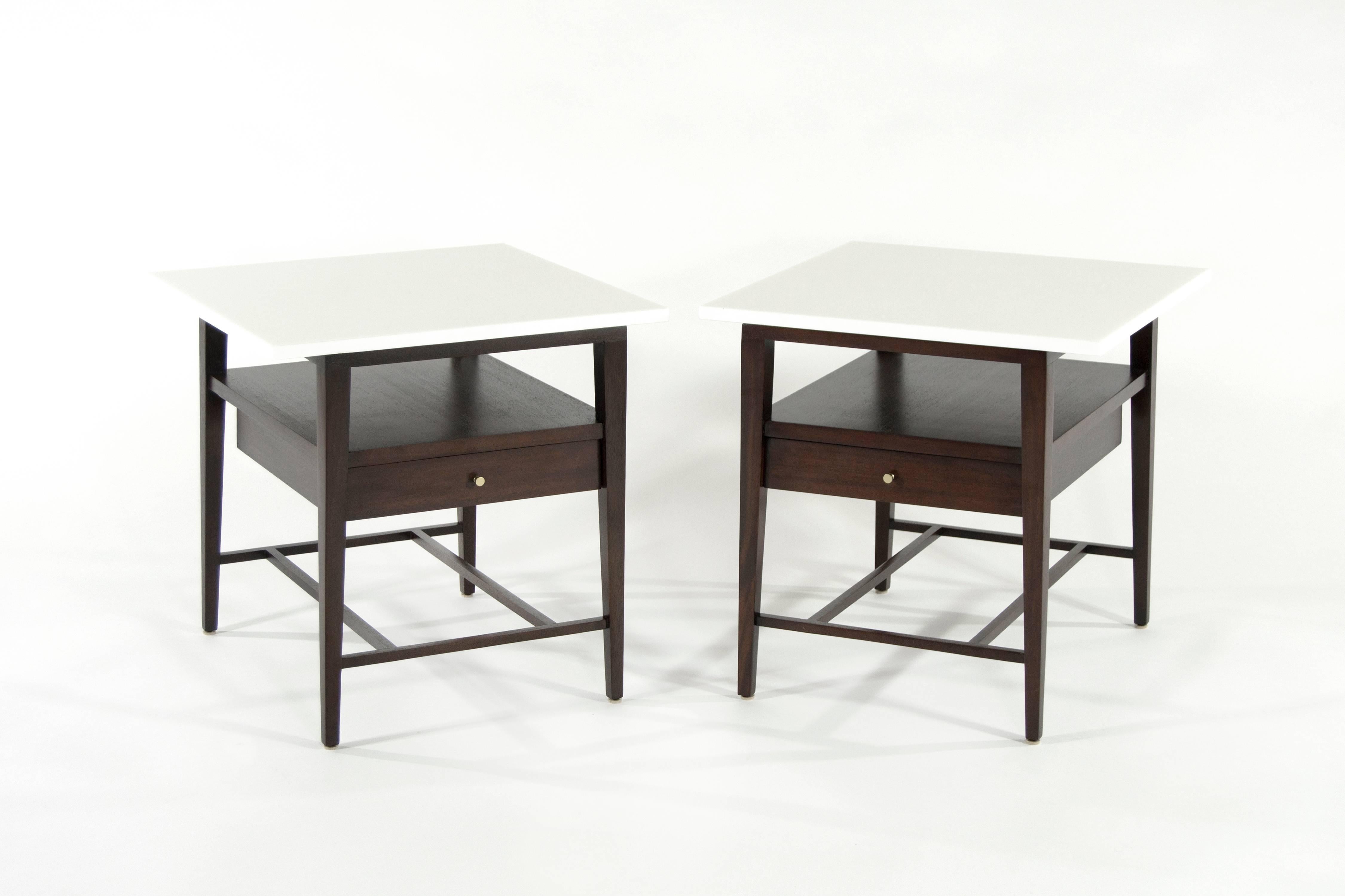 Rare pair of mahogany end or side tables, Calvin group, circa 1950s. Fully restored.
