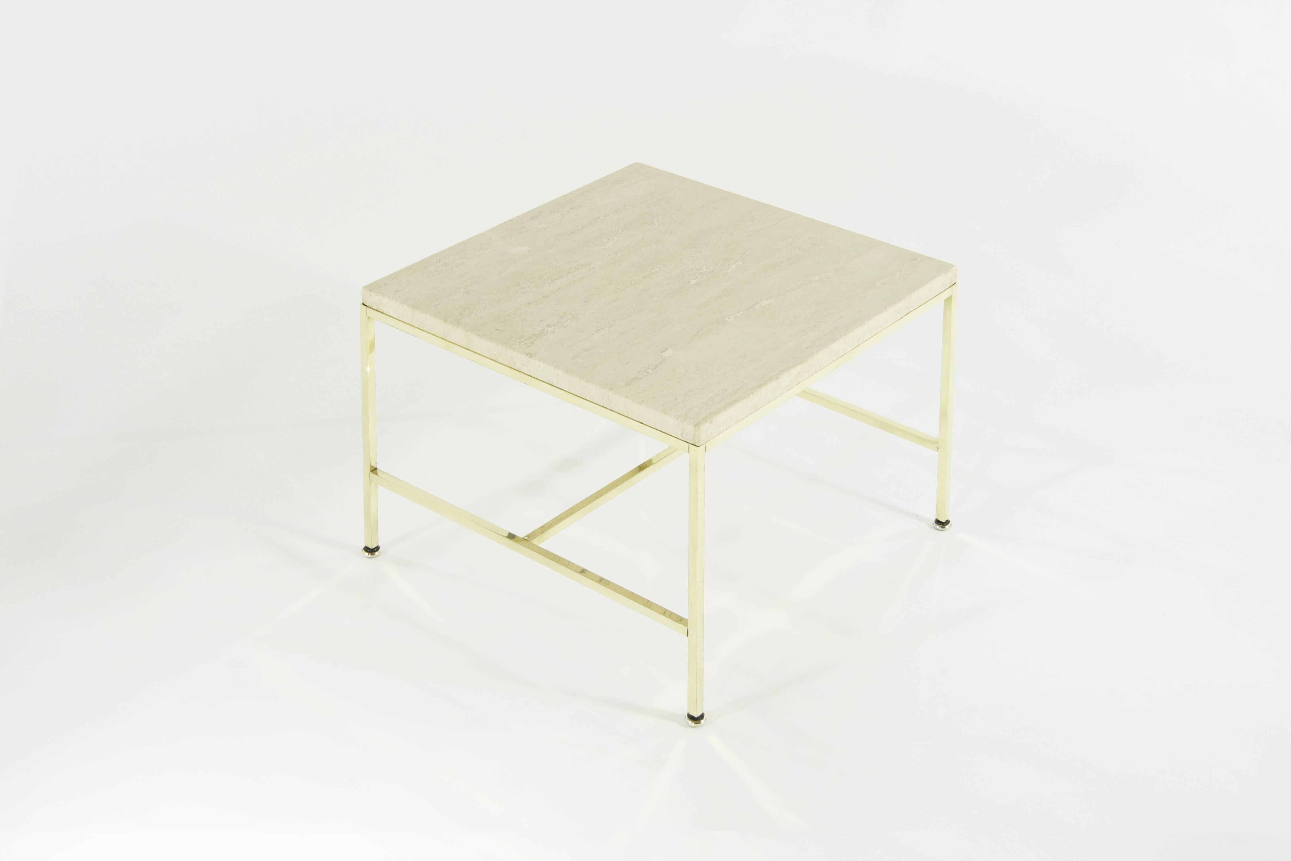 Classic brass side table by Paul McCobb, brass and travertine top newly polished.