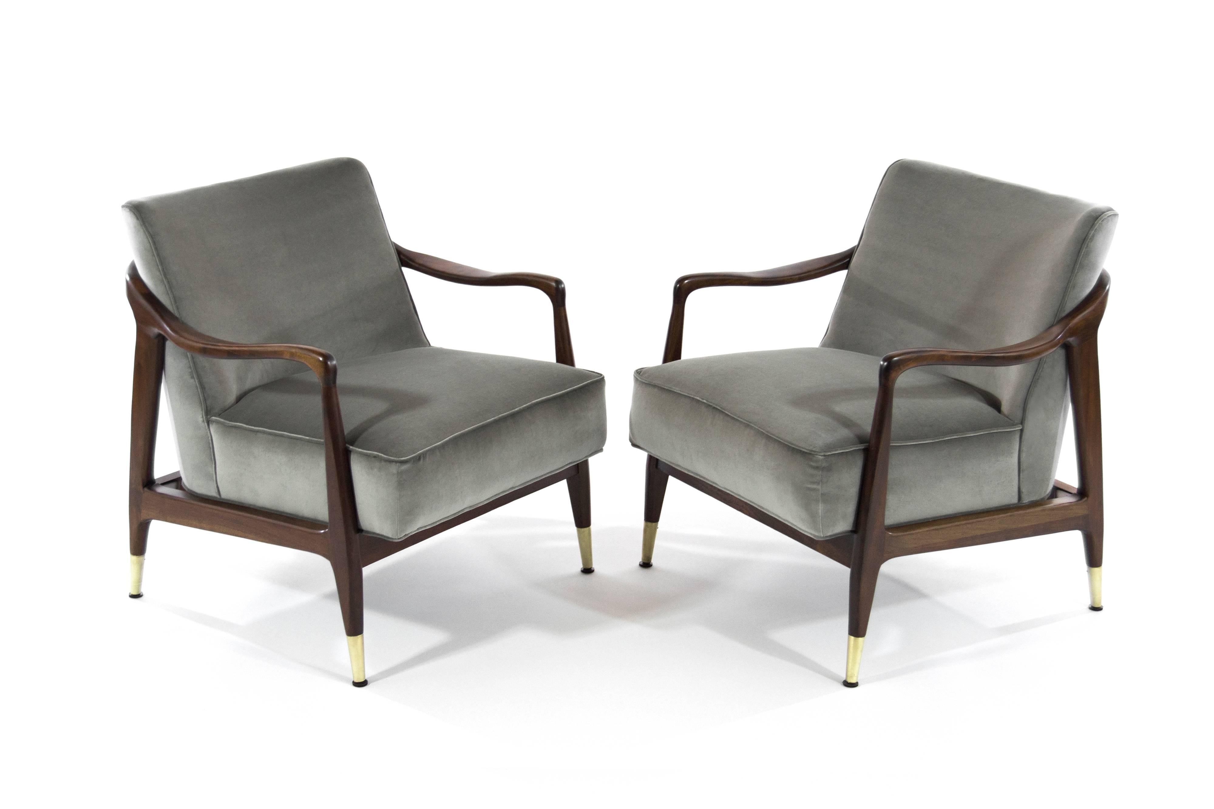 Italian Gio Ponti Style Sculptural Walnut Lounge Chairs