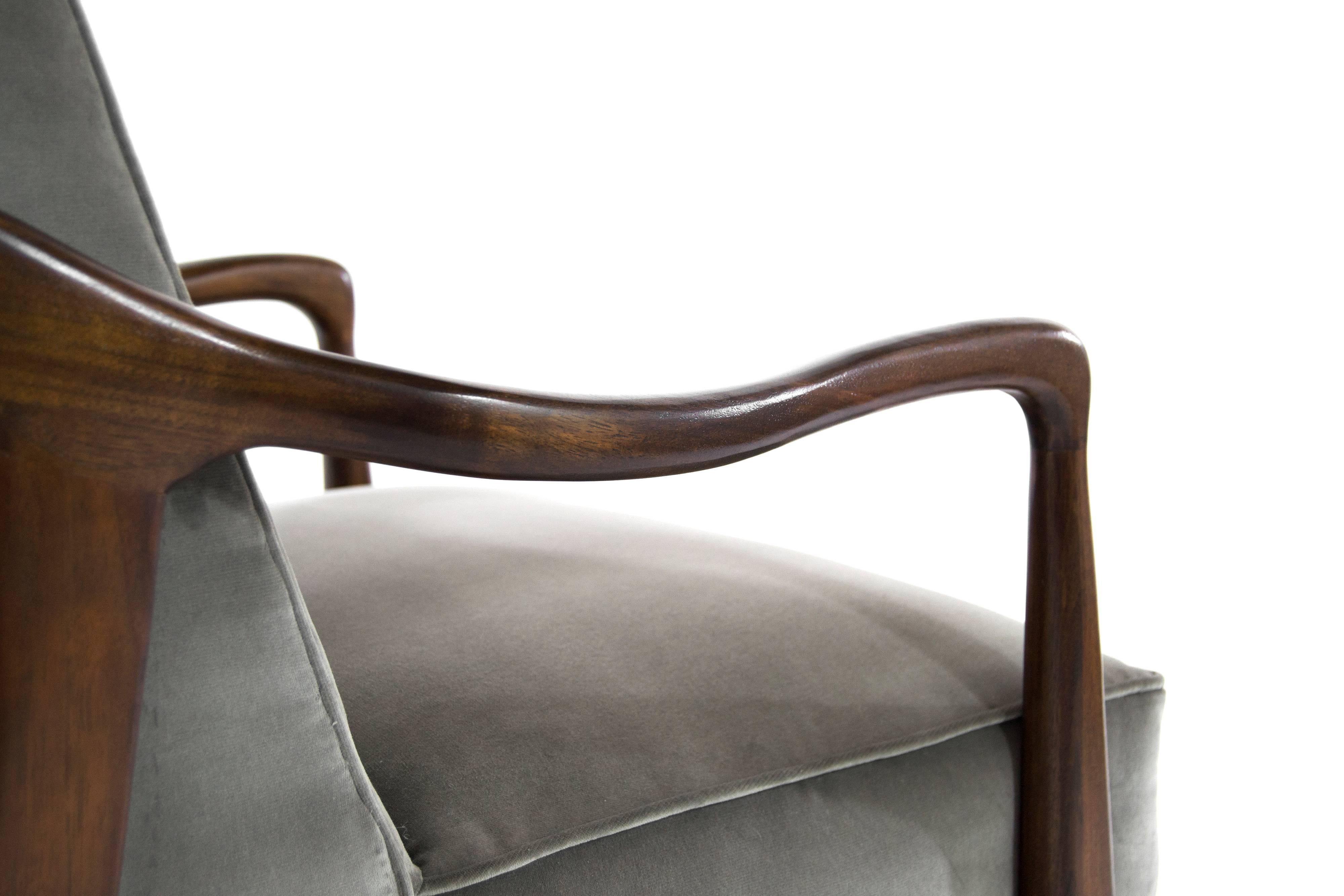 Brass Gio Ponti Style Sculptural Walnut Lounge Chairs