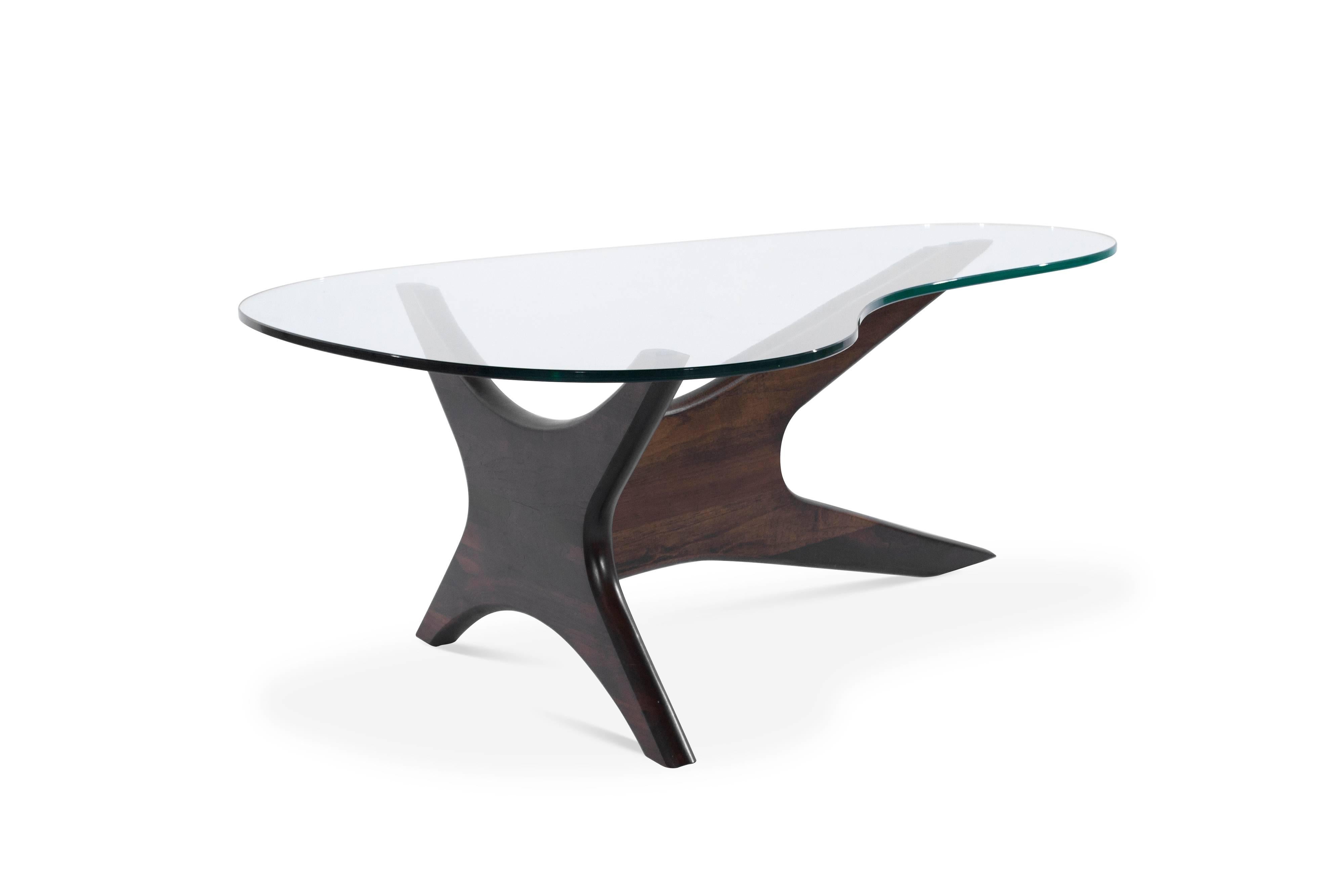 Biomorphic walnut and glass coffee table by Adrian Pearsall for Craft Associates, circa 1950s. 

Sculptural walnut base fully restored. New custom-made kidney shaped glass top.