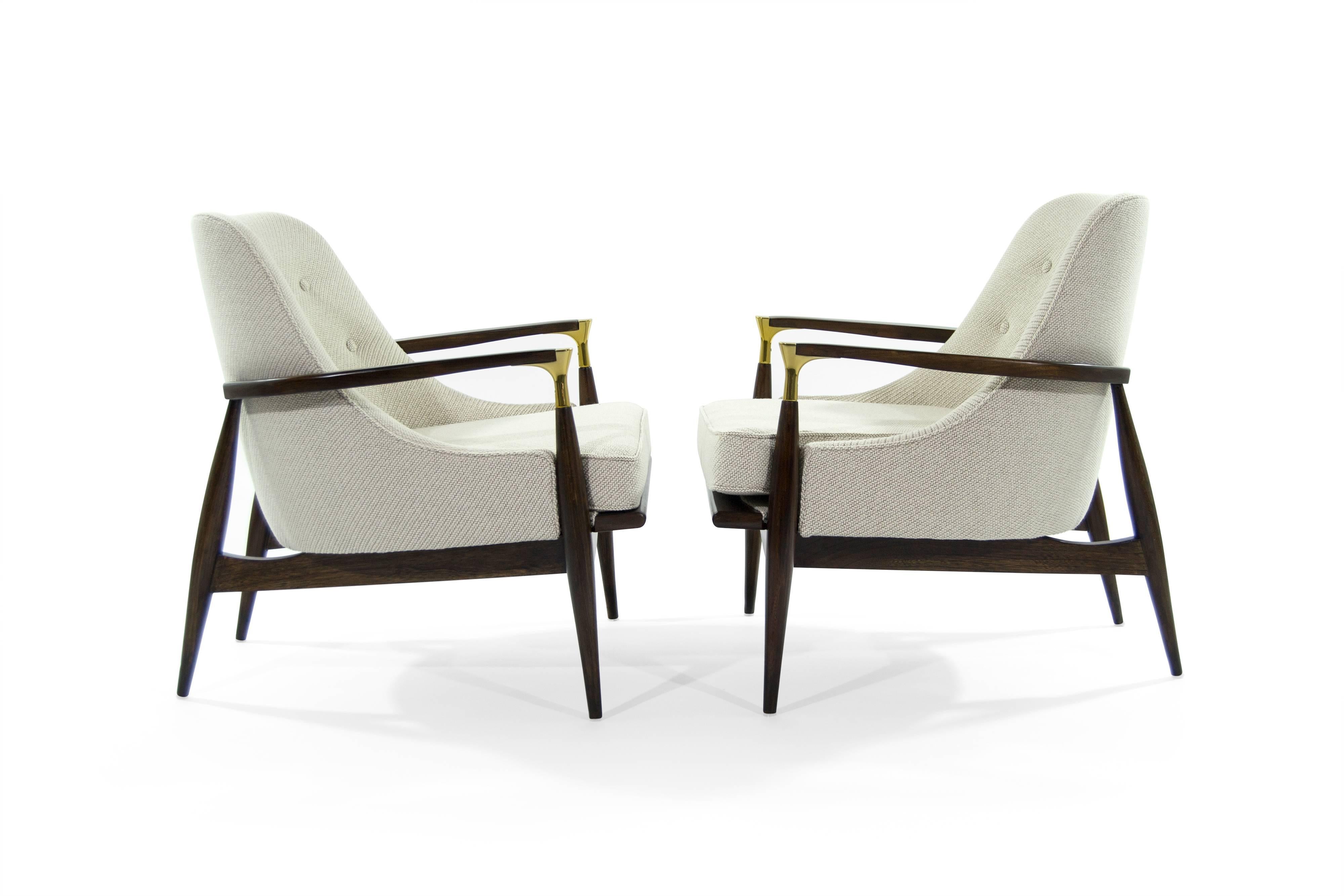 Danish Modern Brass Accented Lounge Chairs In Excellent Condition In Westport, CT