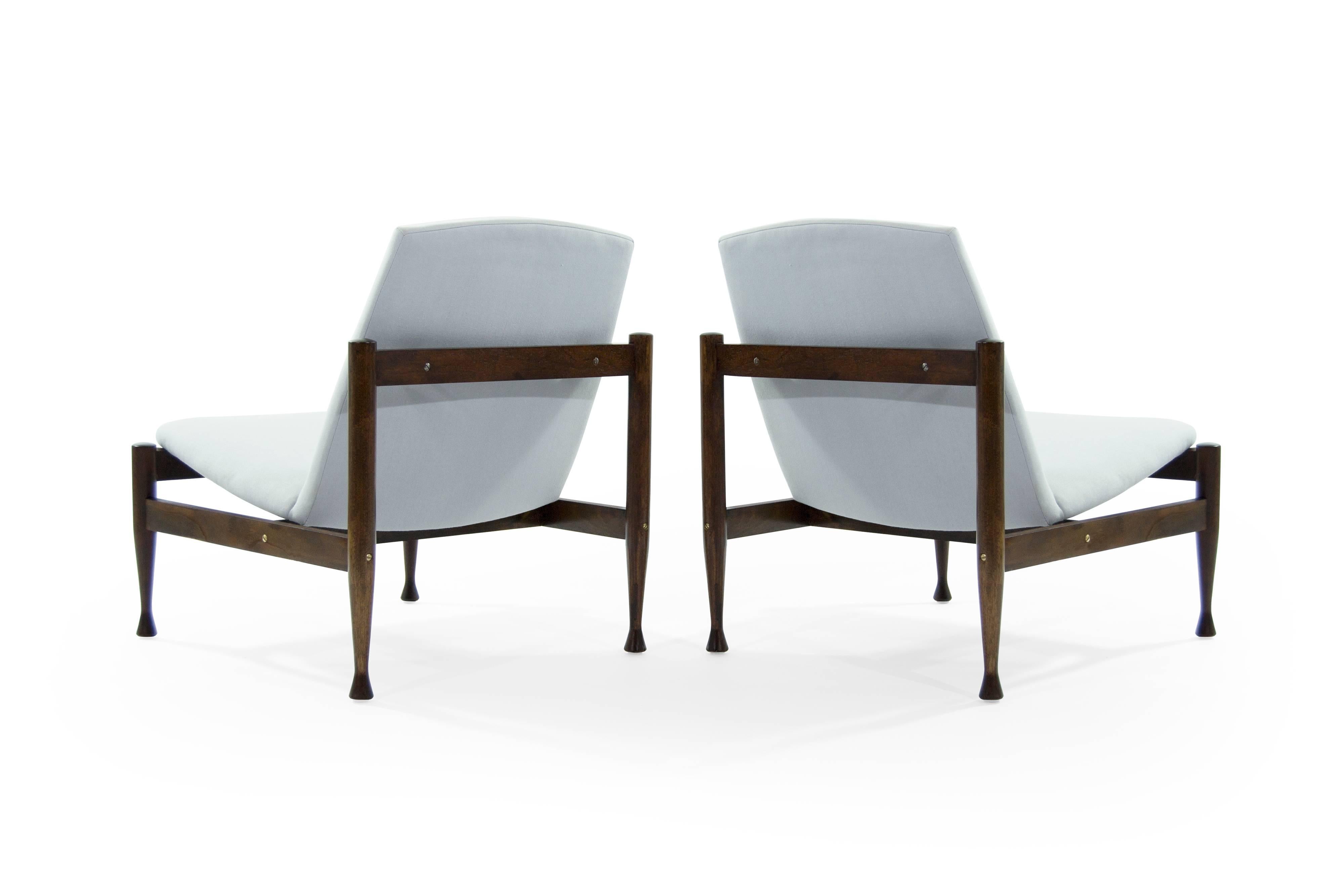 Danish Modern Brass Accented Lounge Chairs in the Style of Finn Juhl In Excellent Condition In Westport, CT