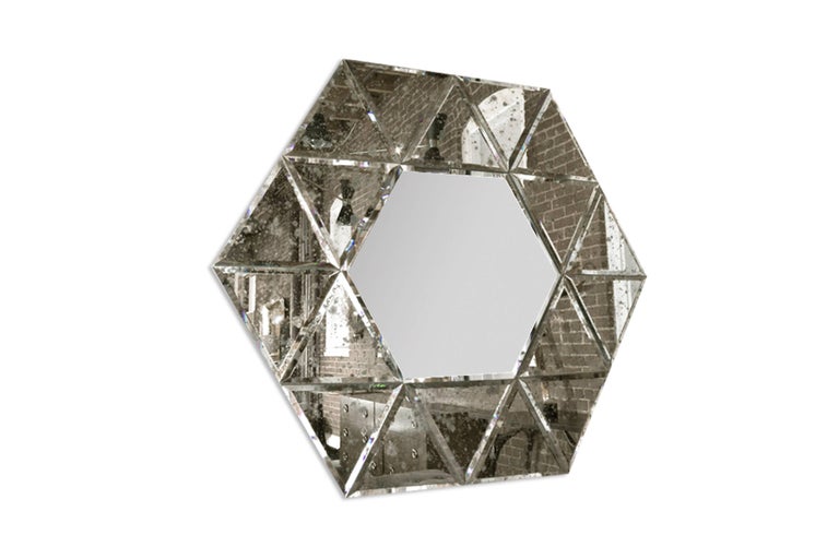Art Deco Large Hexagonal Antiqued Mirror For Sale