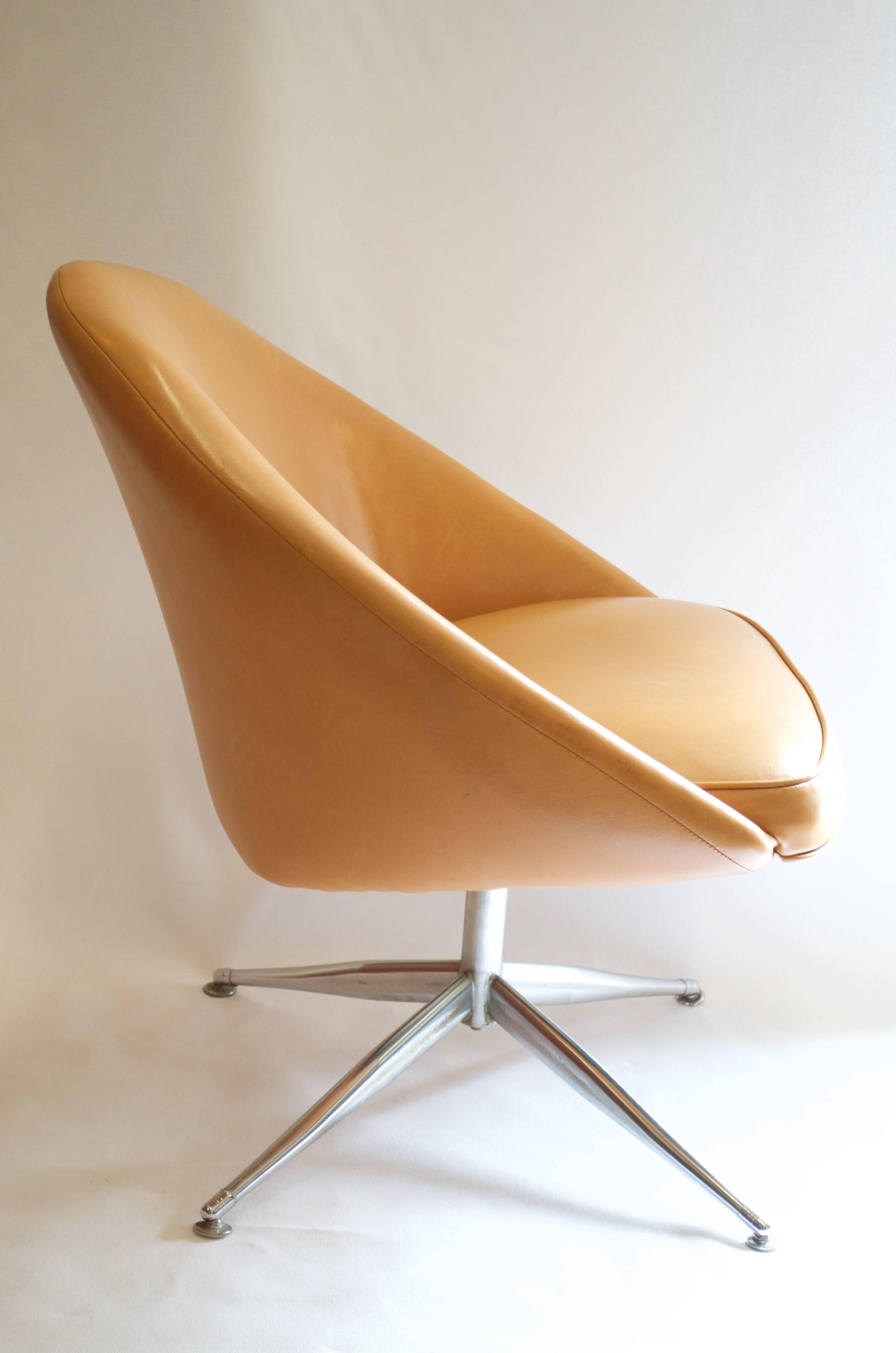 Mid-Century Modern Vanity Slipper Chair with Chrome Base in Camel Leather