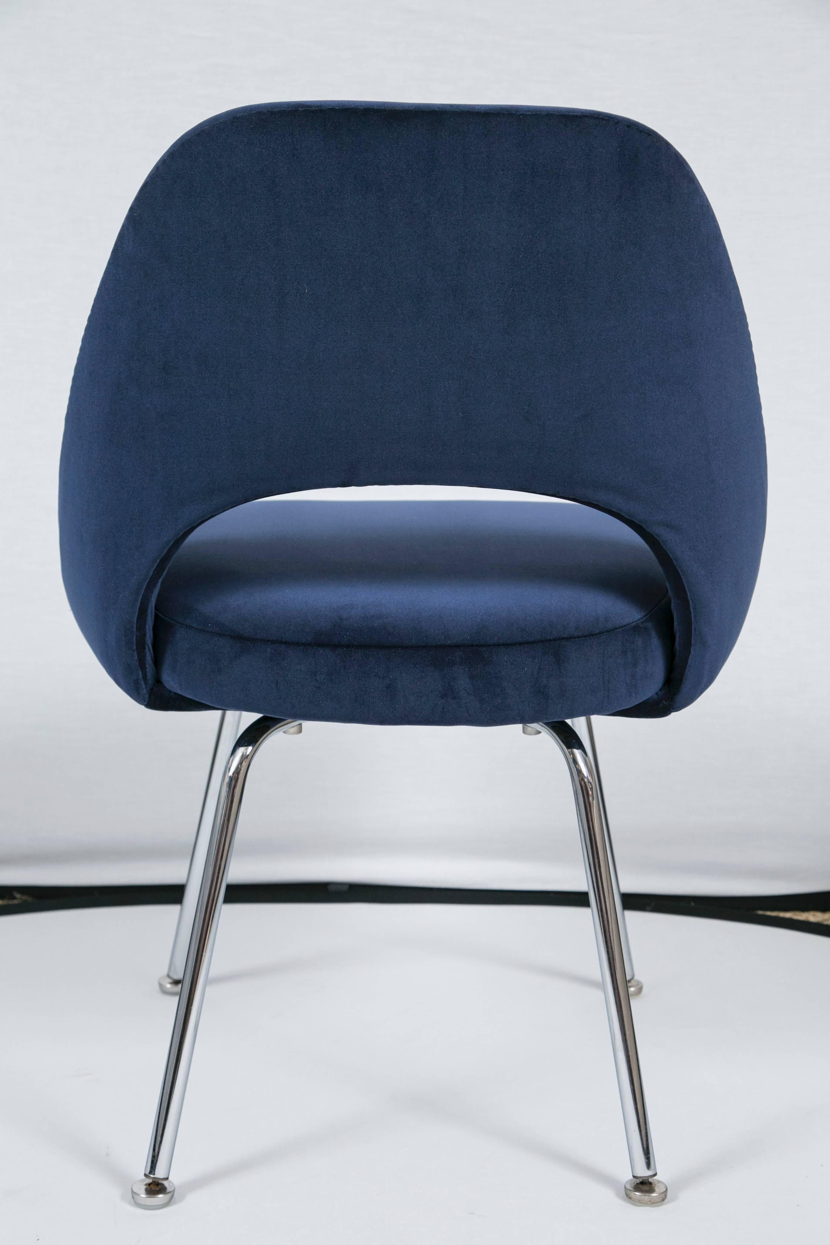 Chrome Saarinen Executive Armless Chairs in Navy Velvet, Set of Six