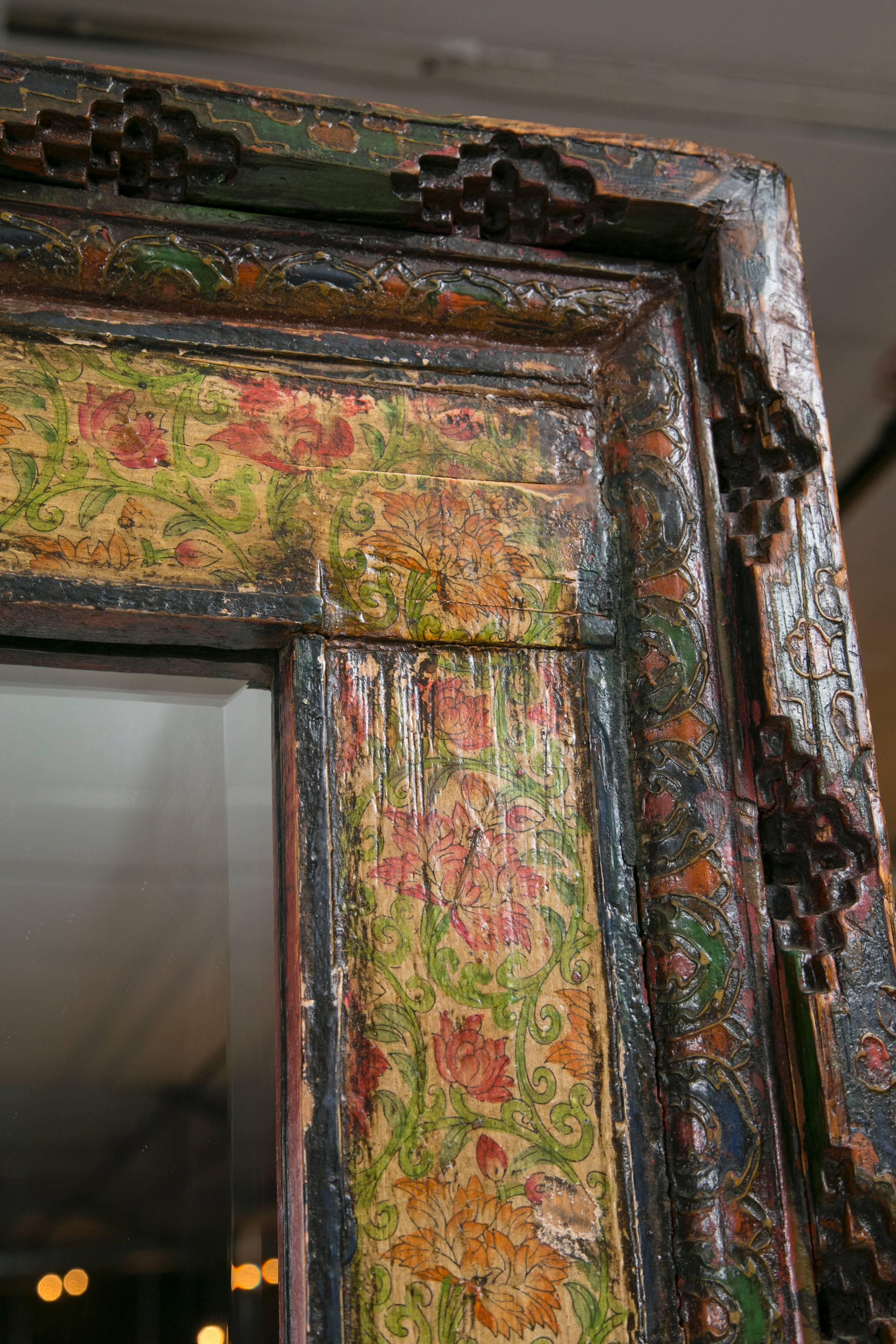 Antique Tibetan Hand-Carved/Painted Door Mirror 2