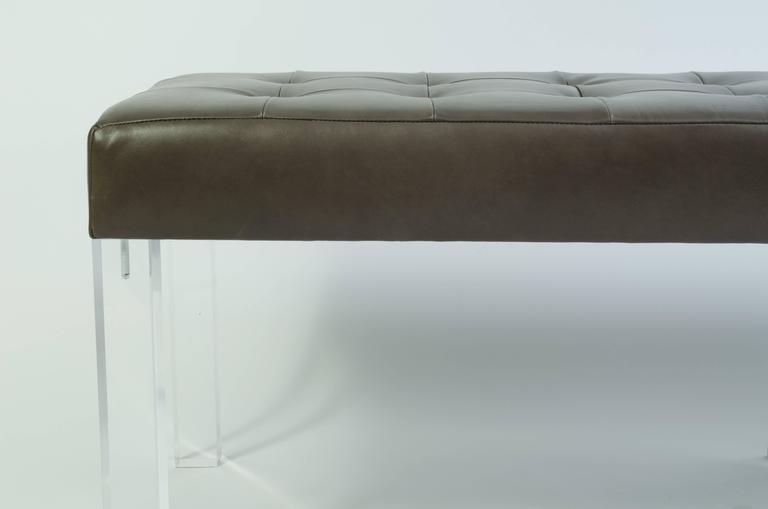 Lucite Prism Bench in Gunmetal Leather with Blind Tufting by Montage