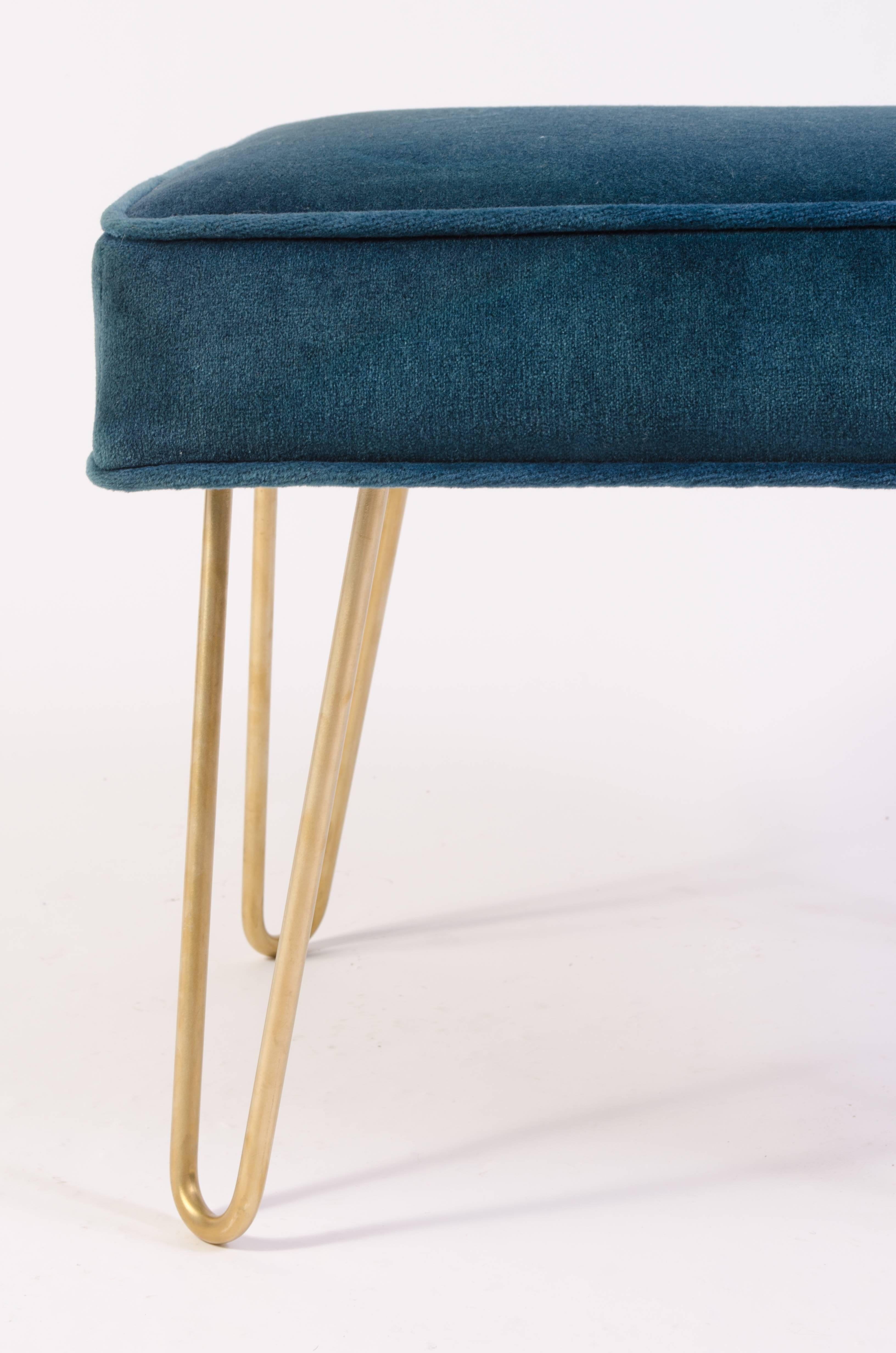 Mid-Century Modern Petite Brass Hairpin Ottomans in Teal Velvet by Montage For Sale