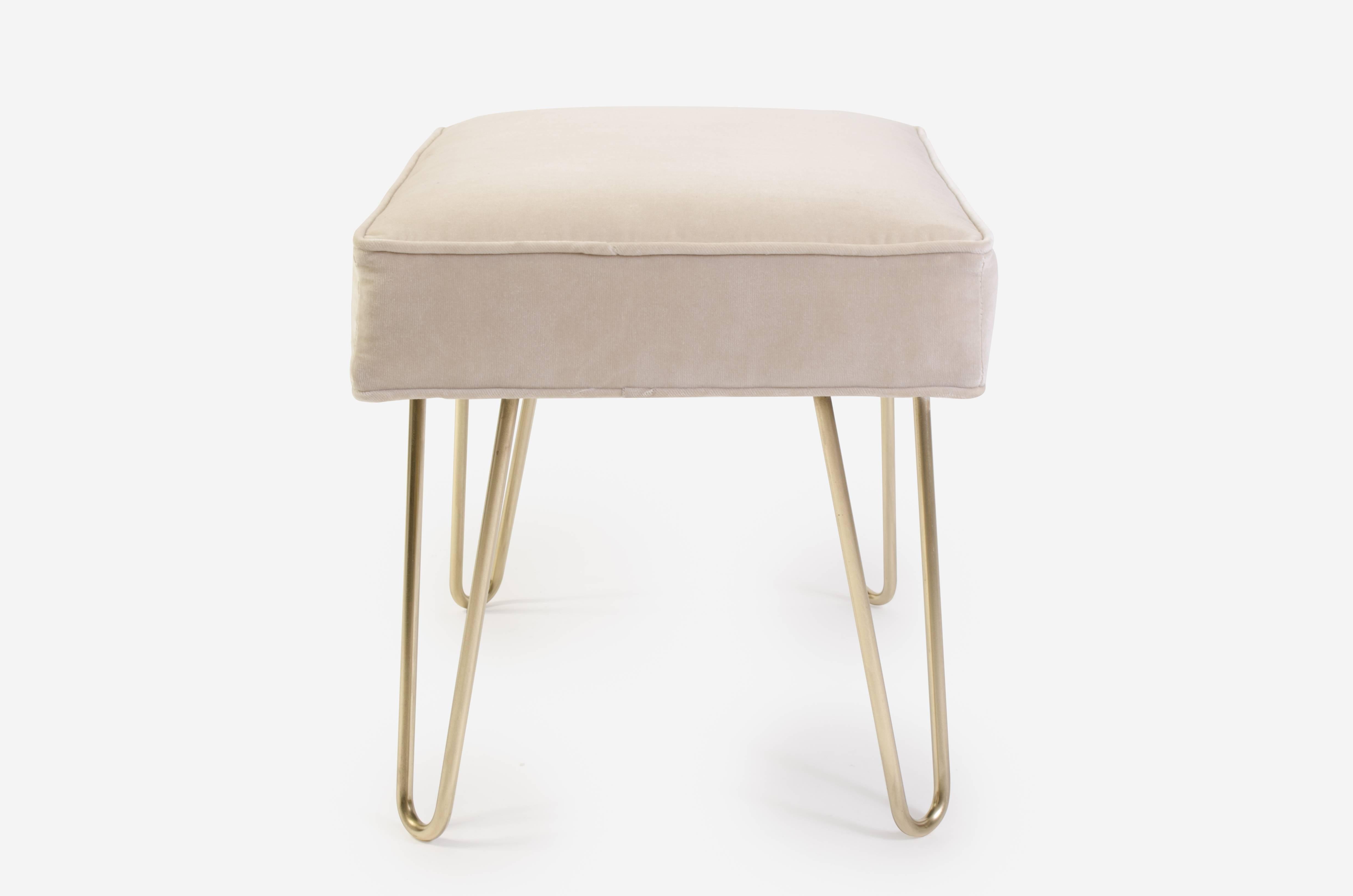 Petite Brass Hairpin Ottomans in Oyster Velvet by Montage In Excellent Condition For Sale In Wilton, CT