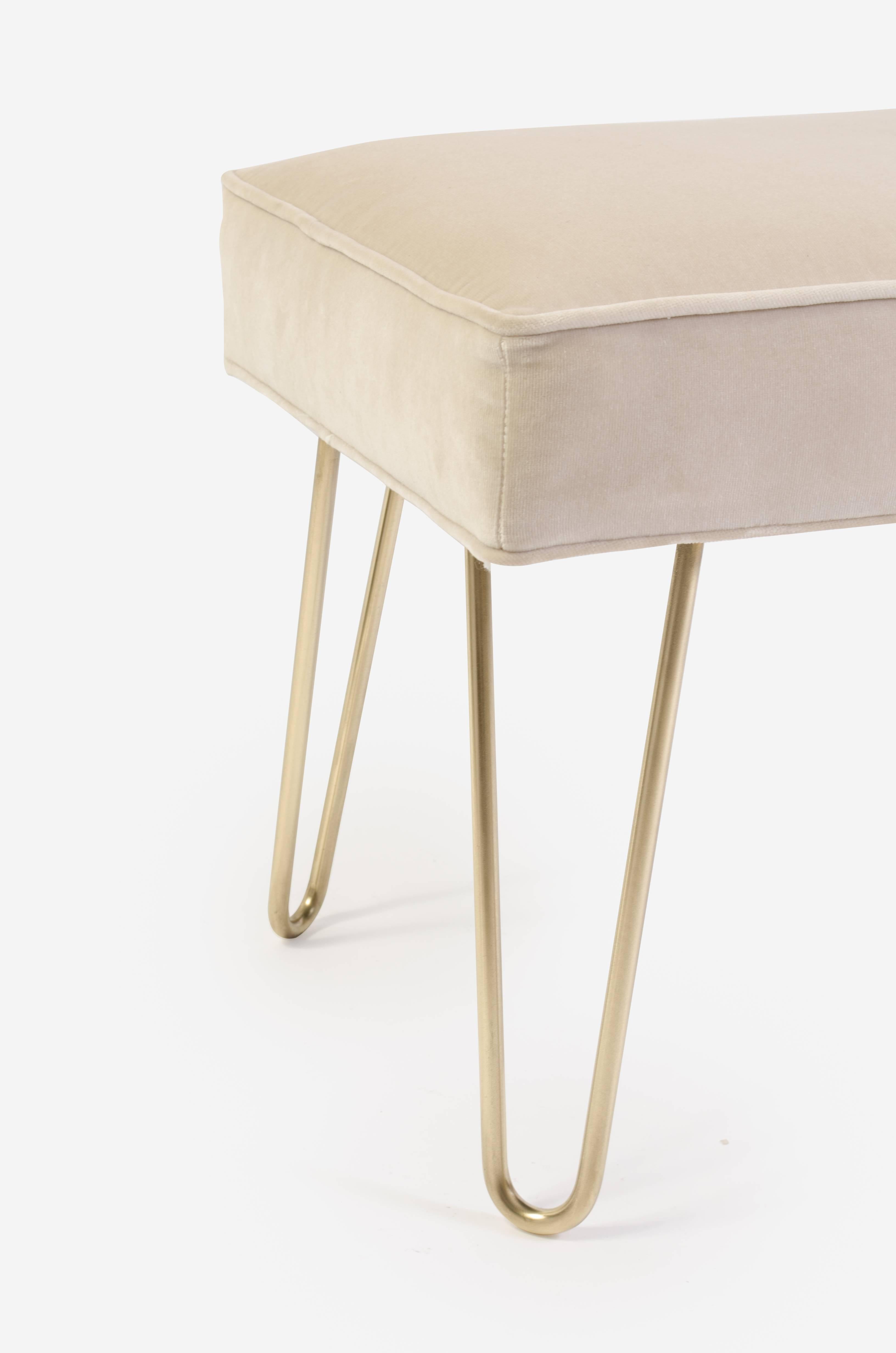 Contemporary Petite Brass Hairpin Ottomans in Oyster Velvet by Montage For Sale