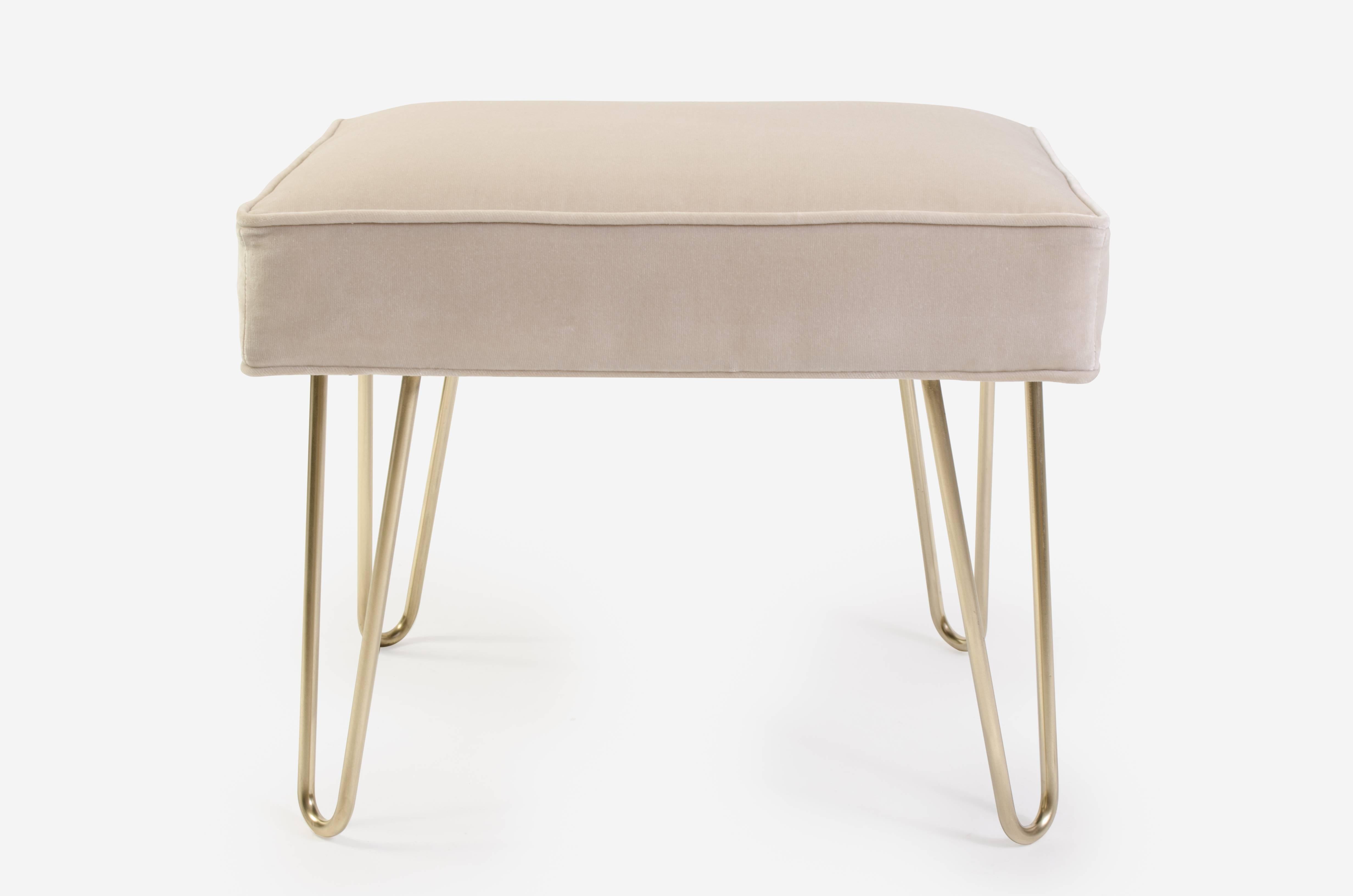 Mid-Century Modern Petite Brass Hairpin Ottomans in Oyster Velvet by Montage For Sale