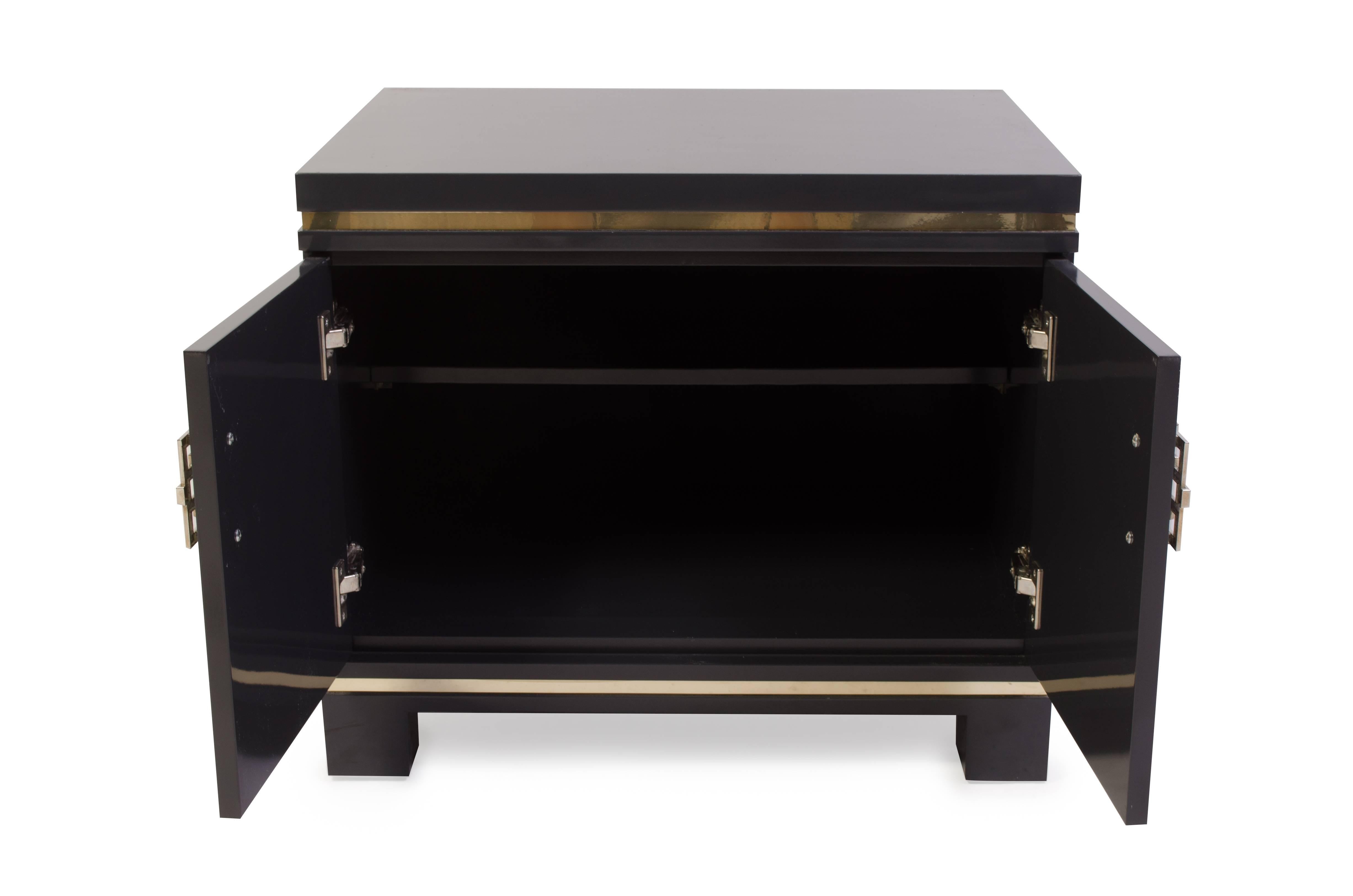 Mid-Century Modern Mid-Century Nightstands in Grey Lacquer with Brass Greek Key Pulls