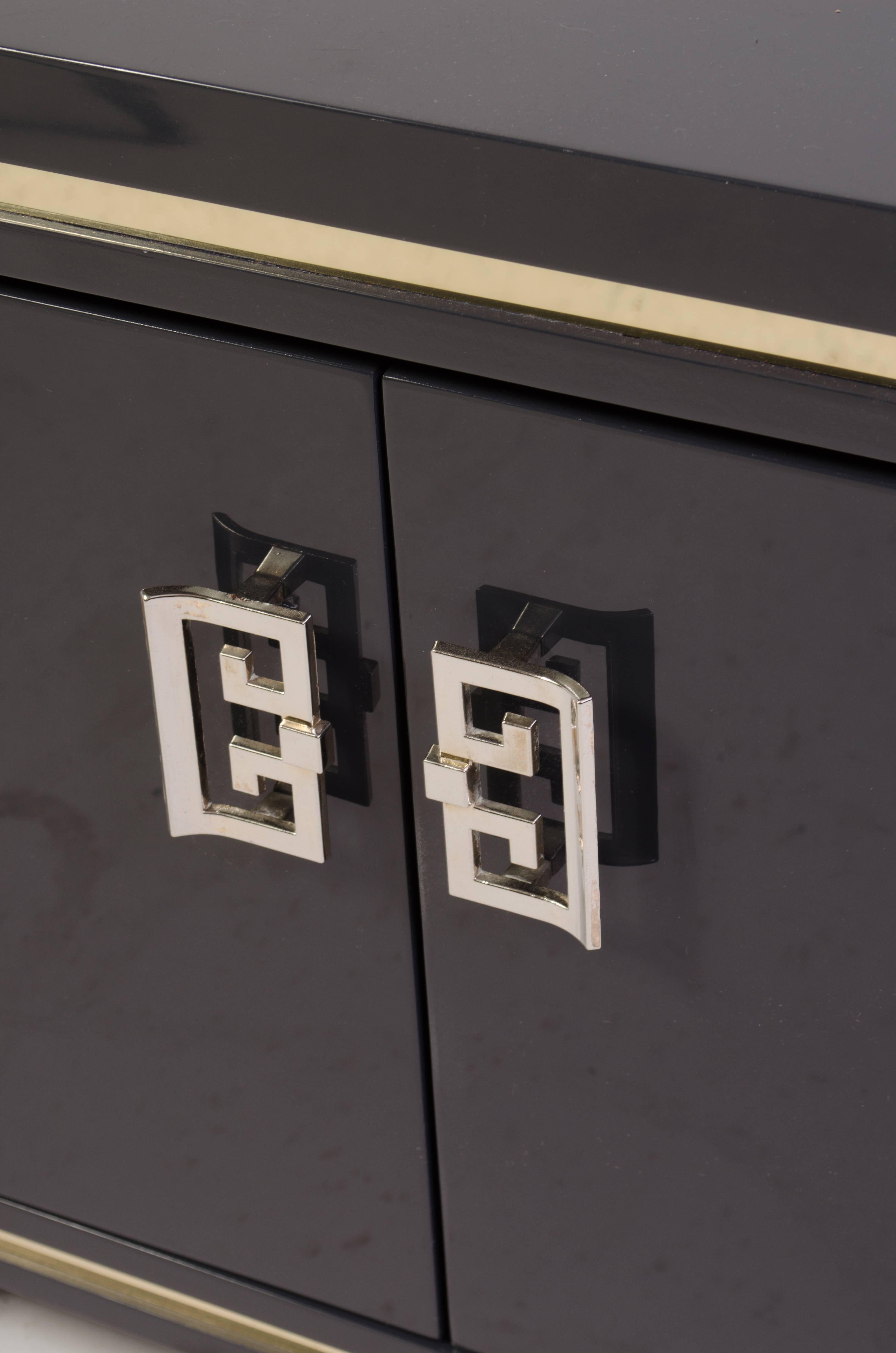 American Mid-Century Nightstands in Grey Lacquer with Brass Greek Key Pulls