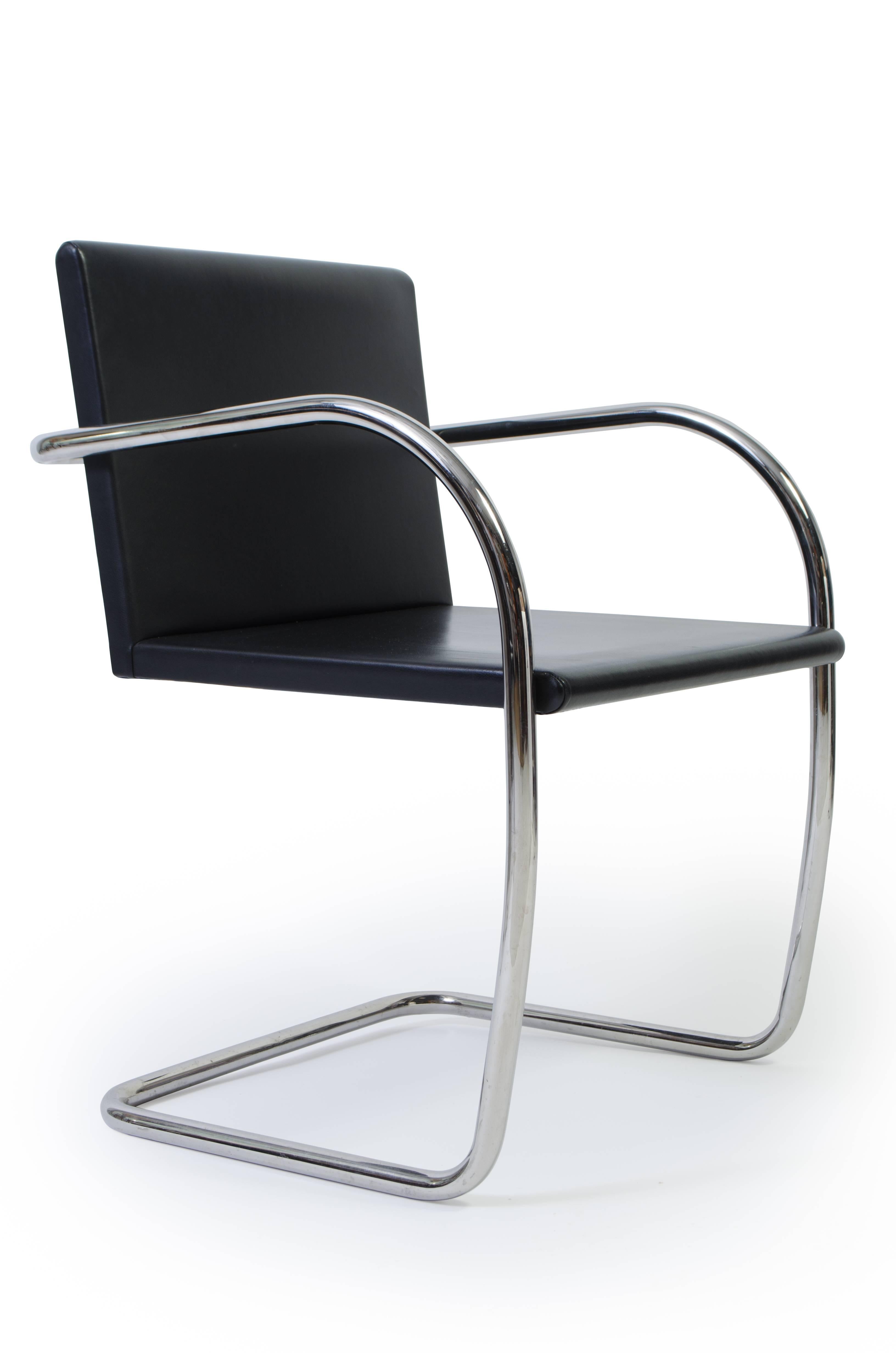 Mid-Century Modern Brno Tubular Thin-Pad Chairs in Black Leather, Set of Four