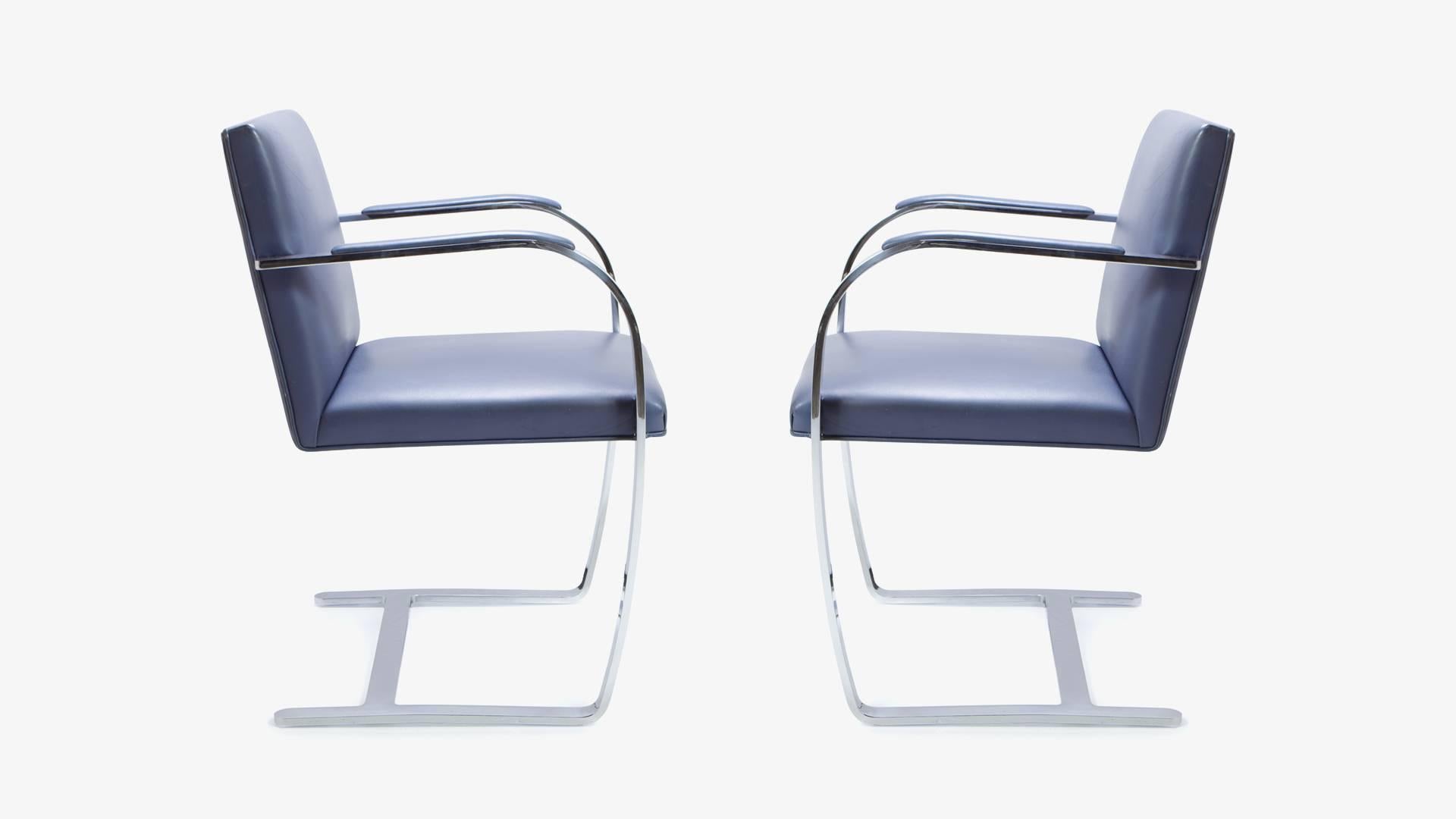 Mid-Century Modern Mies Van Der Rohe for Knoll Brno Flat-Bar Chairs in Navy Leather, Pair