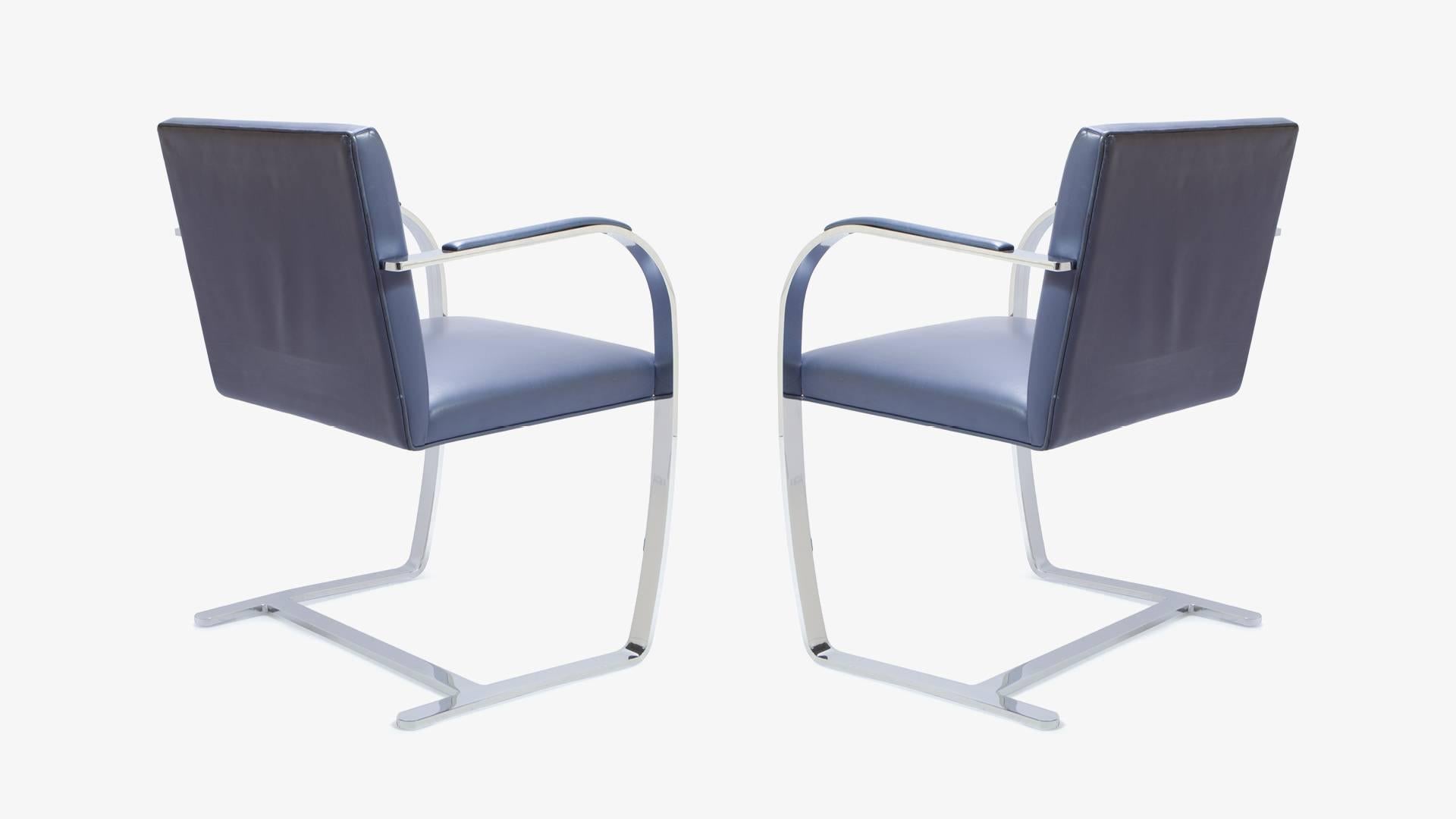 American Mies Van Der Rohe for Knoll Brno Flat-Bar Chairs in Navy Leather, Pair