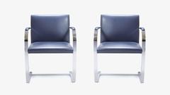 Mies Van Der Rohe for Knoll Brno Flat-Bar Chairs in Navy Leather, Pair