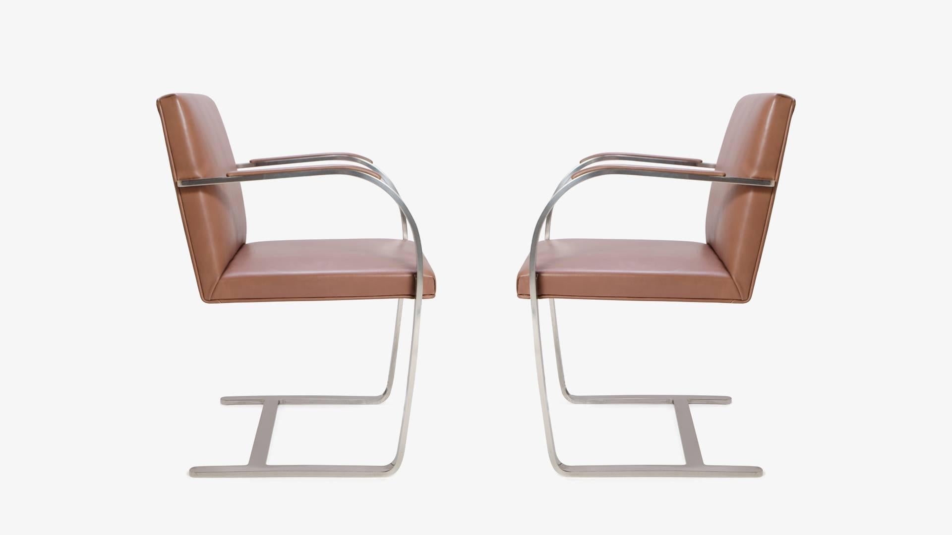 Mid-Century Modern Mies van der Rohe for Knoll Brno Flat-Bar Chairs in Cognac Leather, Pair