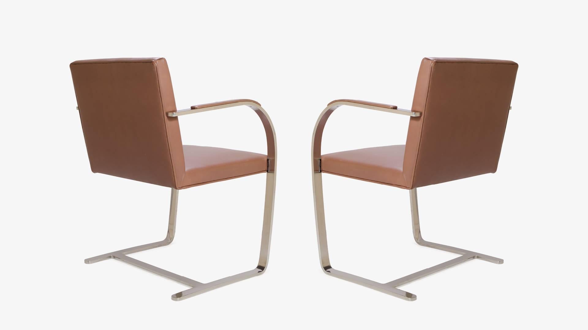 American Mies van der Rohe for Knoll Brno Flat-Bar Chairs in Cognac Leather, Pair