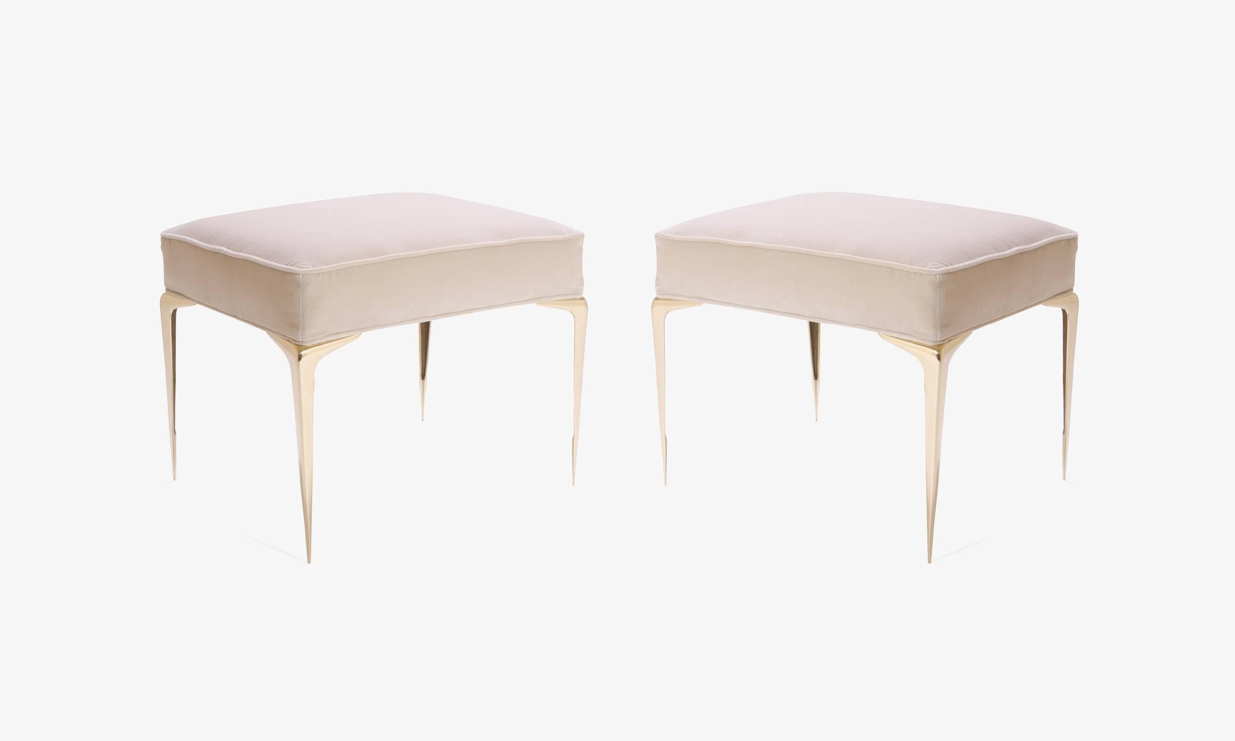 Designed by Montage, the Colette Ottoman is a wonderful addition to a refined interior space. Proportioned to both work well as a pair or to stand alone. The tapered brass leg is Italian in origin, completely cast and polished in the USA. Shown with