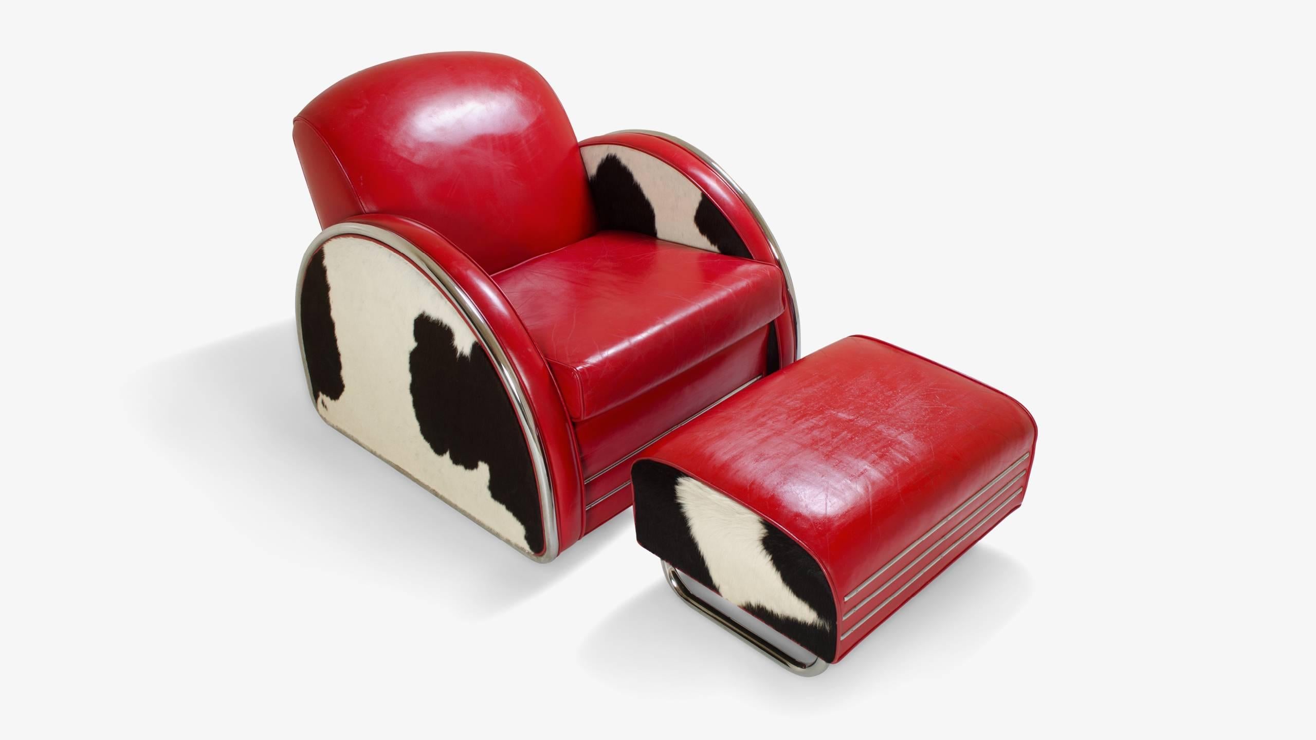 A handsome club chair and ottoman set designed after Art-Deco Jazz pieces of the 1980s. This piece is incredibly well built using spectacular materials. Leather, hair on hide, and chrome all work in concert as the framework of his design piece. The