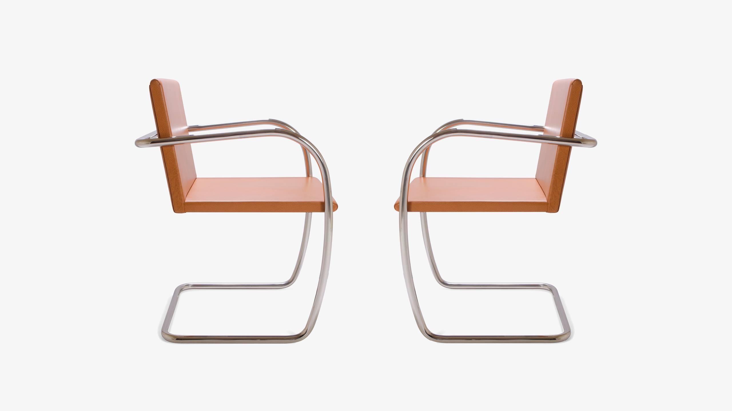Mid-Century Modern Mies Van Der Rohe for Knoll Brno Tubular Thin-Pad Chairs in Caramel Leather Pair
