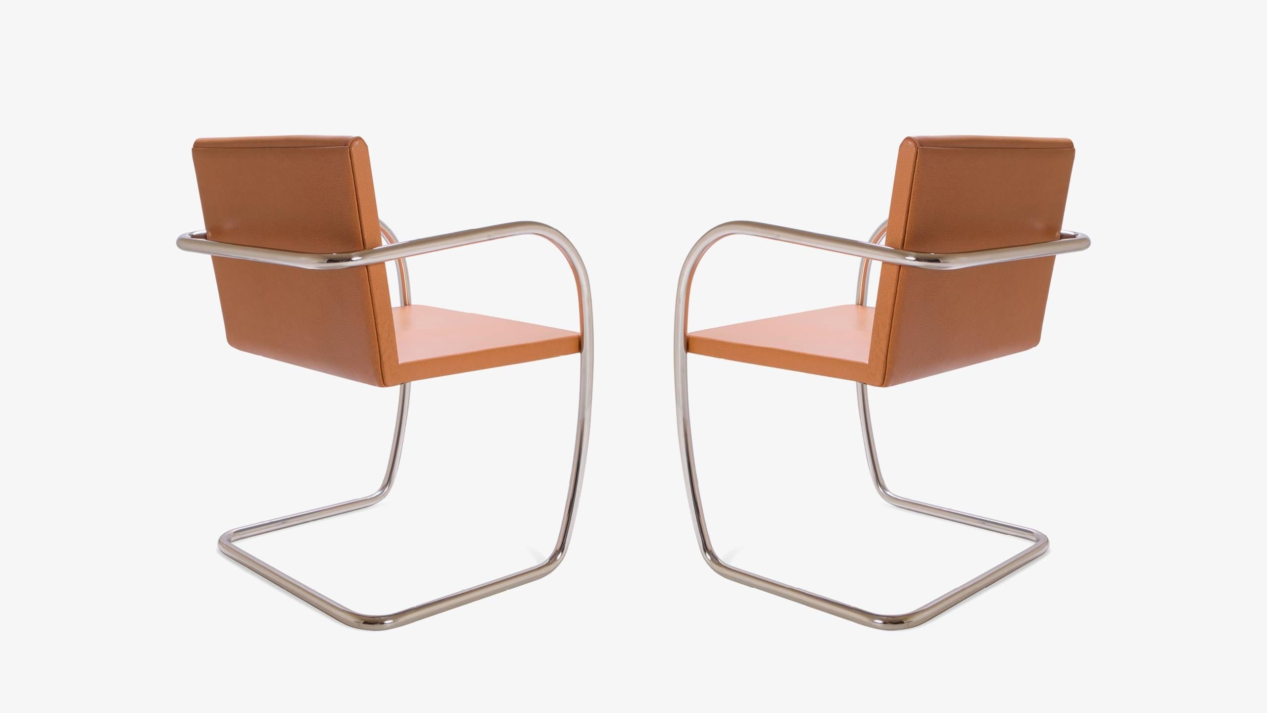 American Mies Van Der Rohe for Knoll Brno Tubular Thin-Pad Chairs in Caramel Leather Pair
