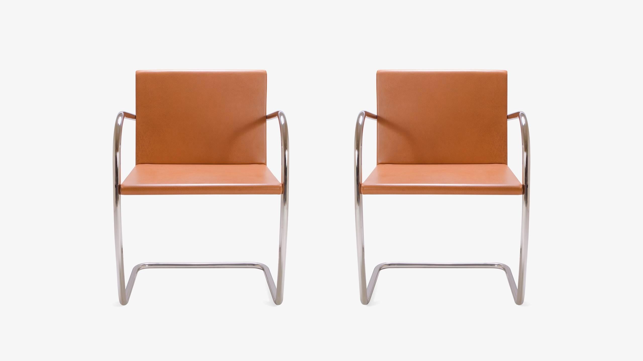 The definition of minimalism in a singular design, achieved by the great Ludwig Mies van der Rohe in 1929; the Brno chair is just that. These are contemporary edition Mies van der Rohe for Knoll chairs upholstered in a rich Caramel Leather, a