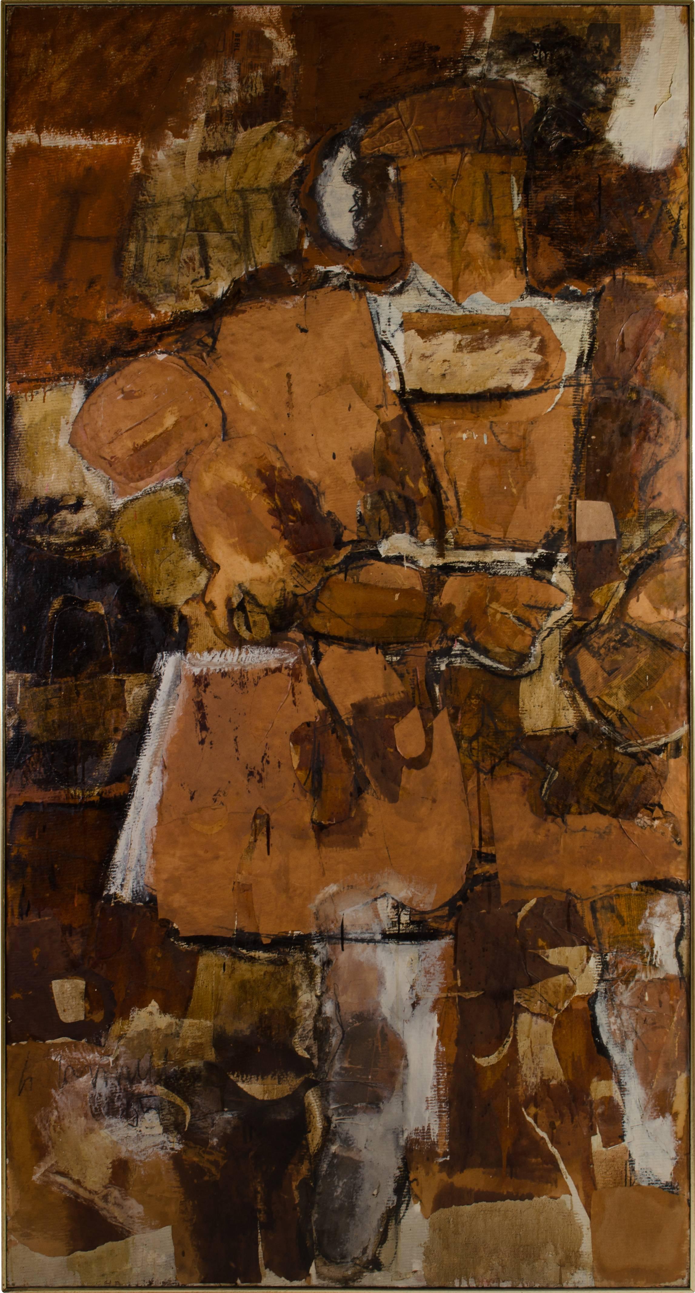 A stellar example of Hilda O'Connell's early work dated 1965. This generously sized diptych features two larger than life historical figures; their identity becomes increasingly evident as the piece is viewed a bit closer. O'Connell medium is an