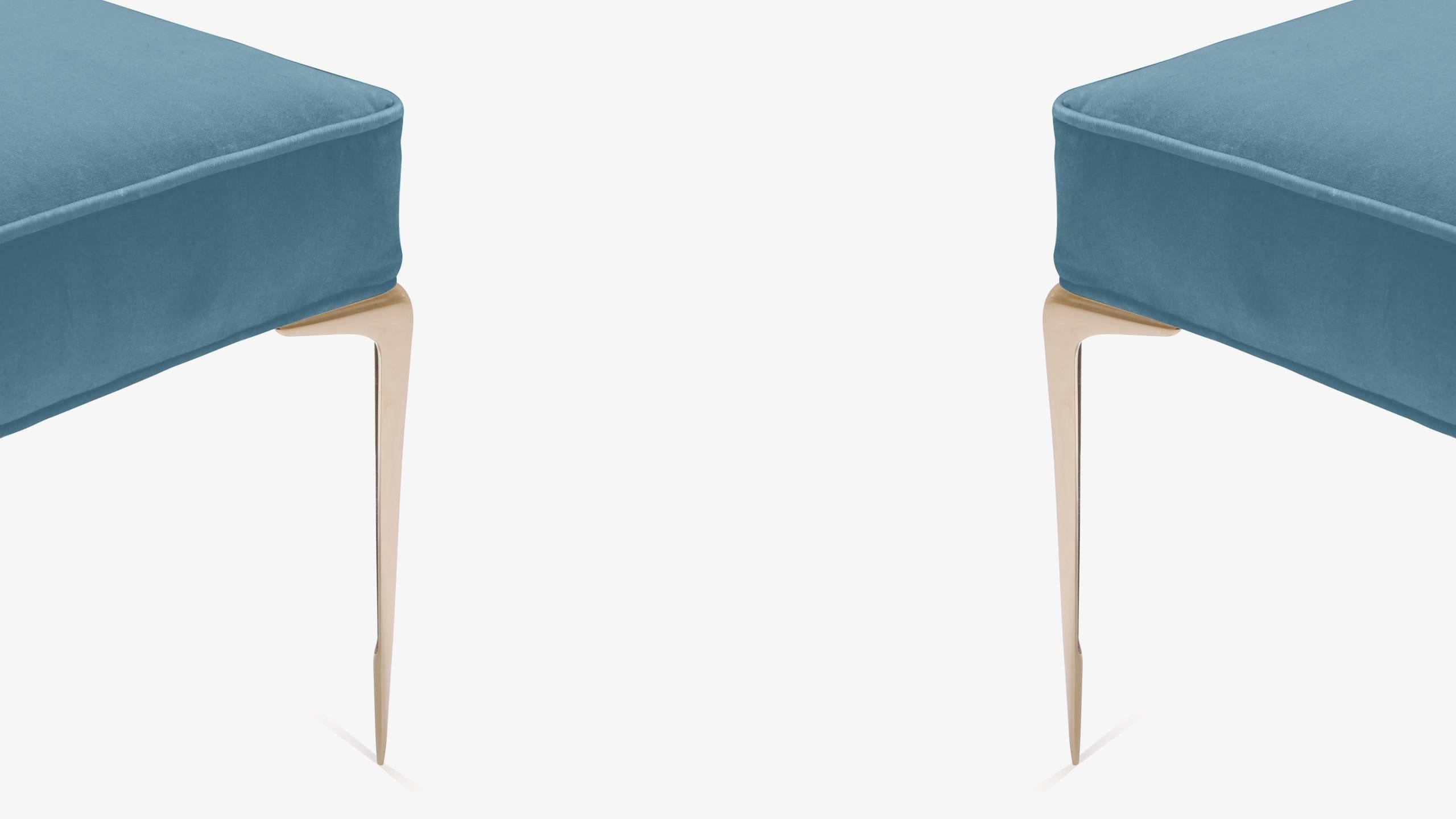 American Colette Brass Ottomans in Blue Cloud Velvet by Montage, Pair