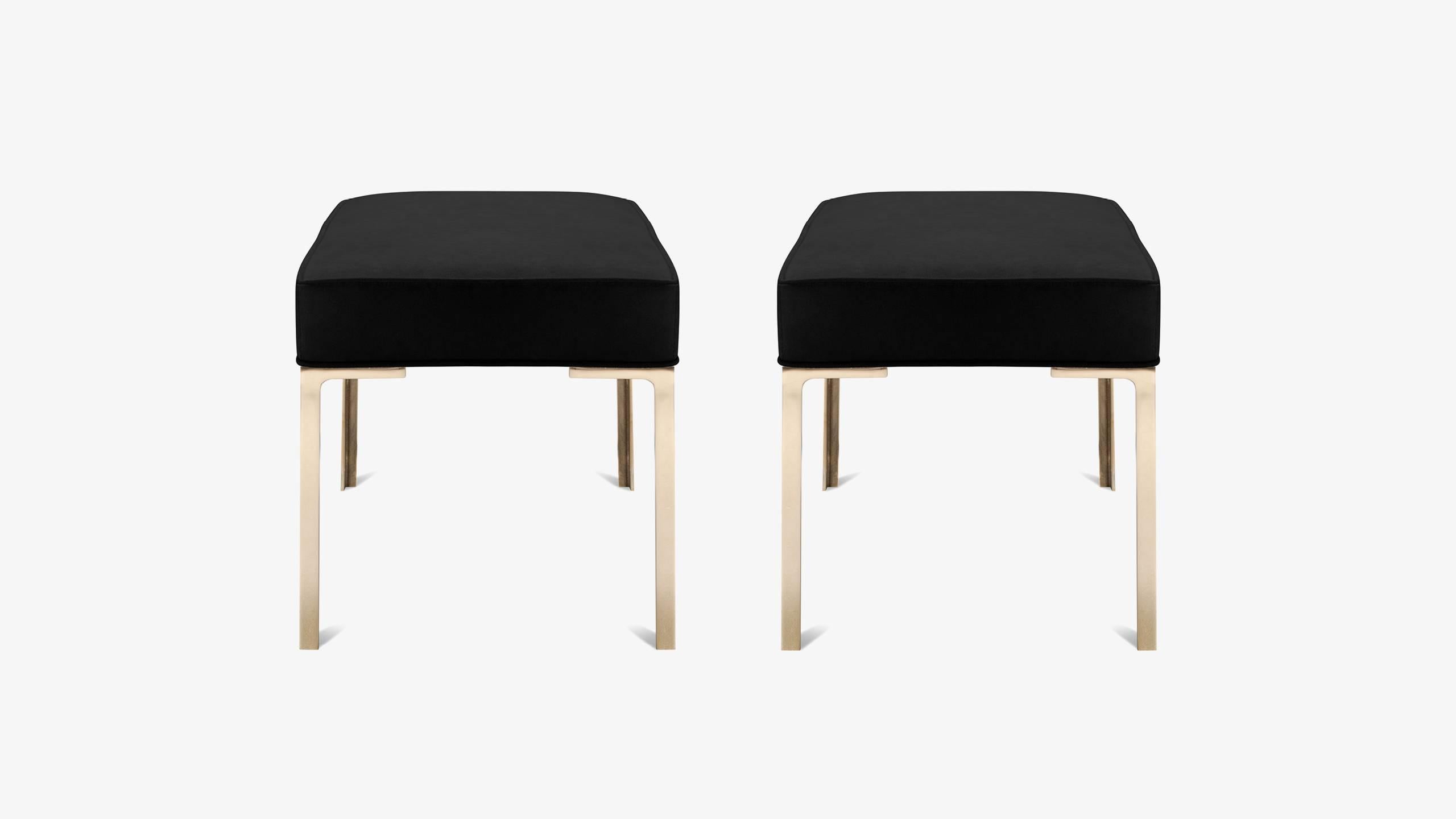 Mid-Century Modern Astor Brass Ottomans in Noir Luxe-Suede by Montage, Pair For Sale