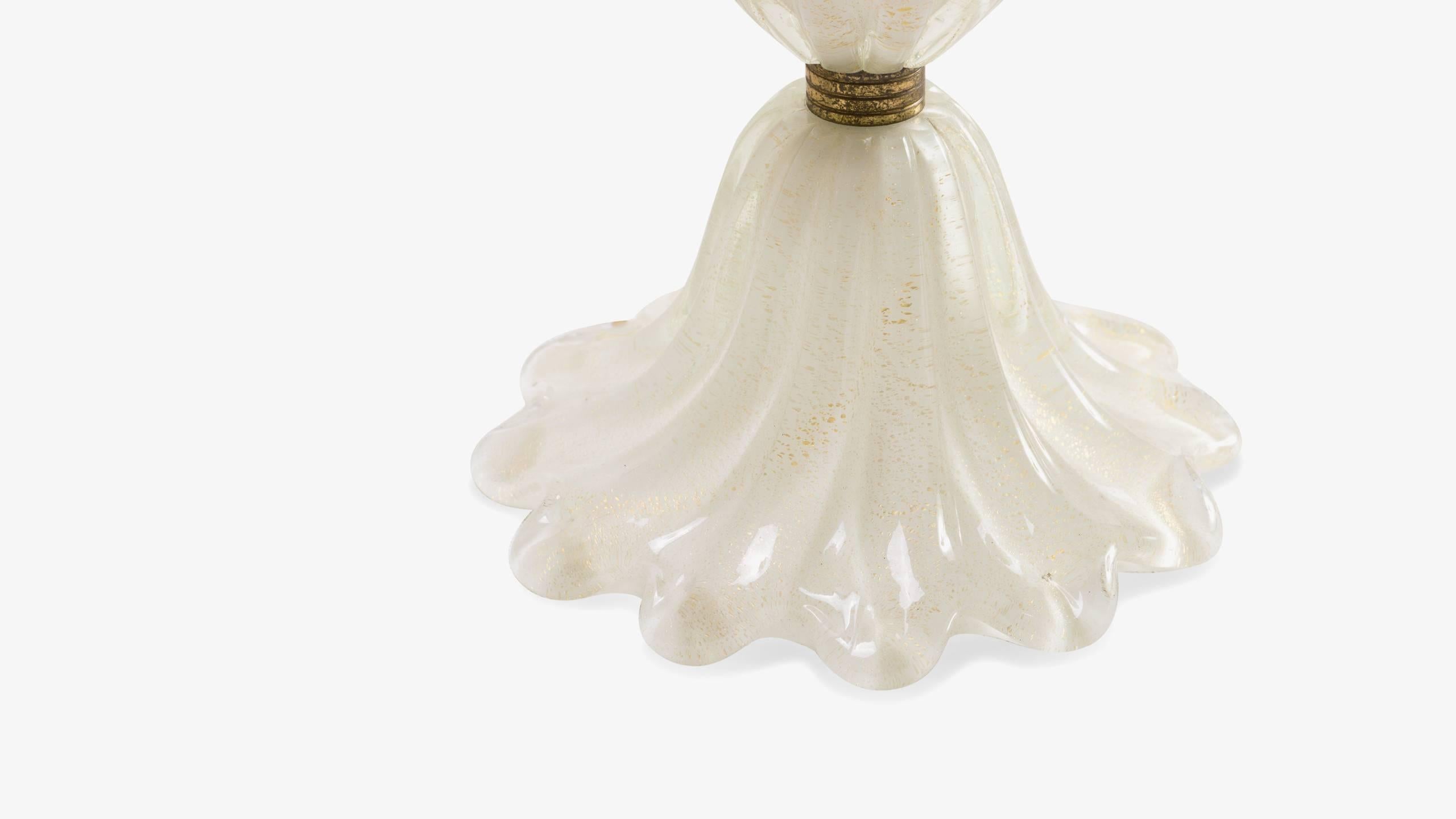 Mid-Century Modern Draped White Murano Glass Lamp with Gold Inclusions and Brass Bands