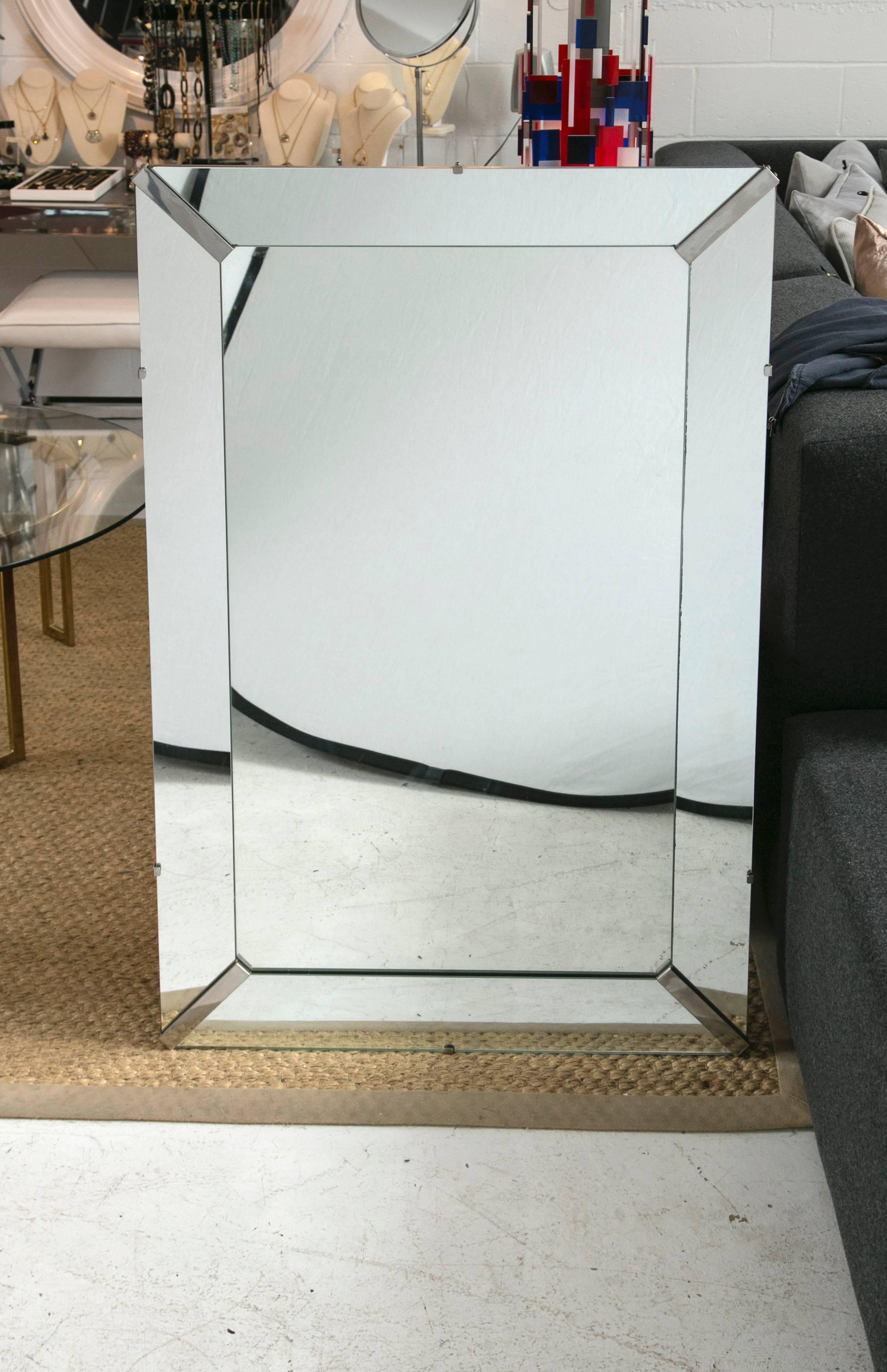 Mid-Century Modern Beveled Rectangular Stepped Mirror with Chrome Accents