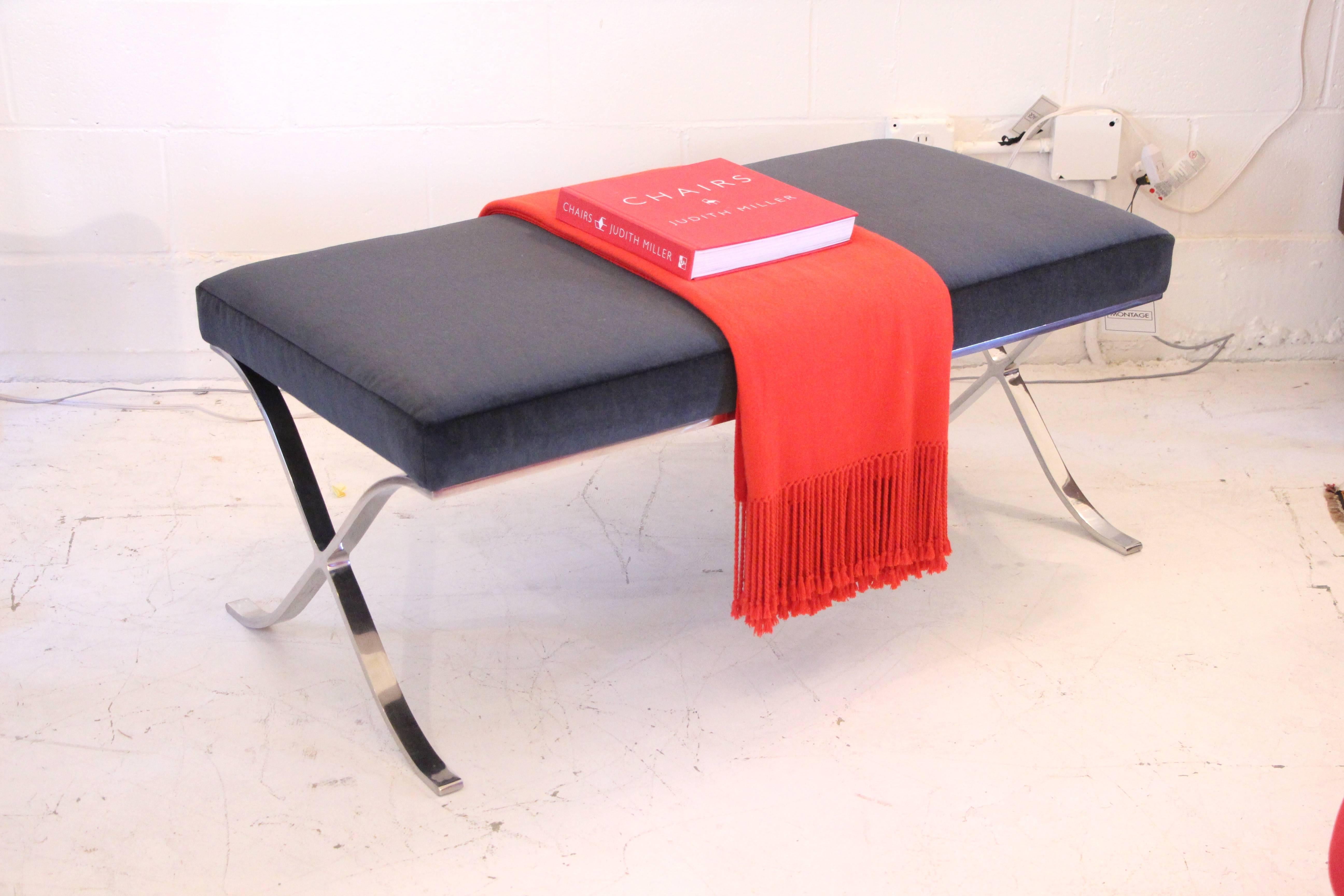 Brueton Chrome Base X-Bench in Midnight Blue Mohair 4