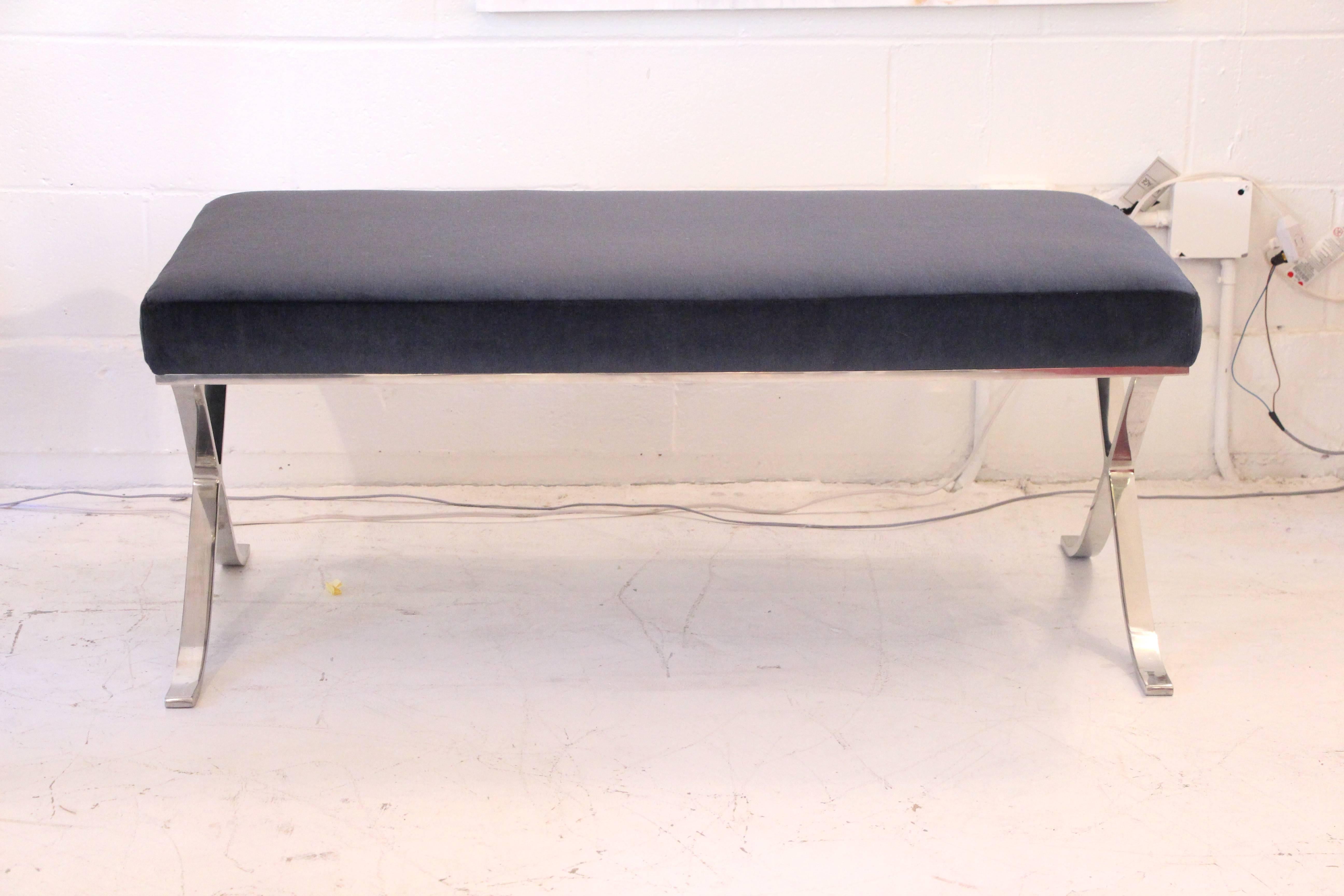Mid-Century Modern Brueton Chrome Base X-Bench in Midnight Blue Mohair