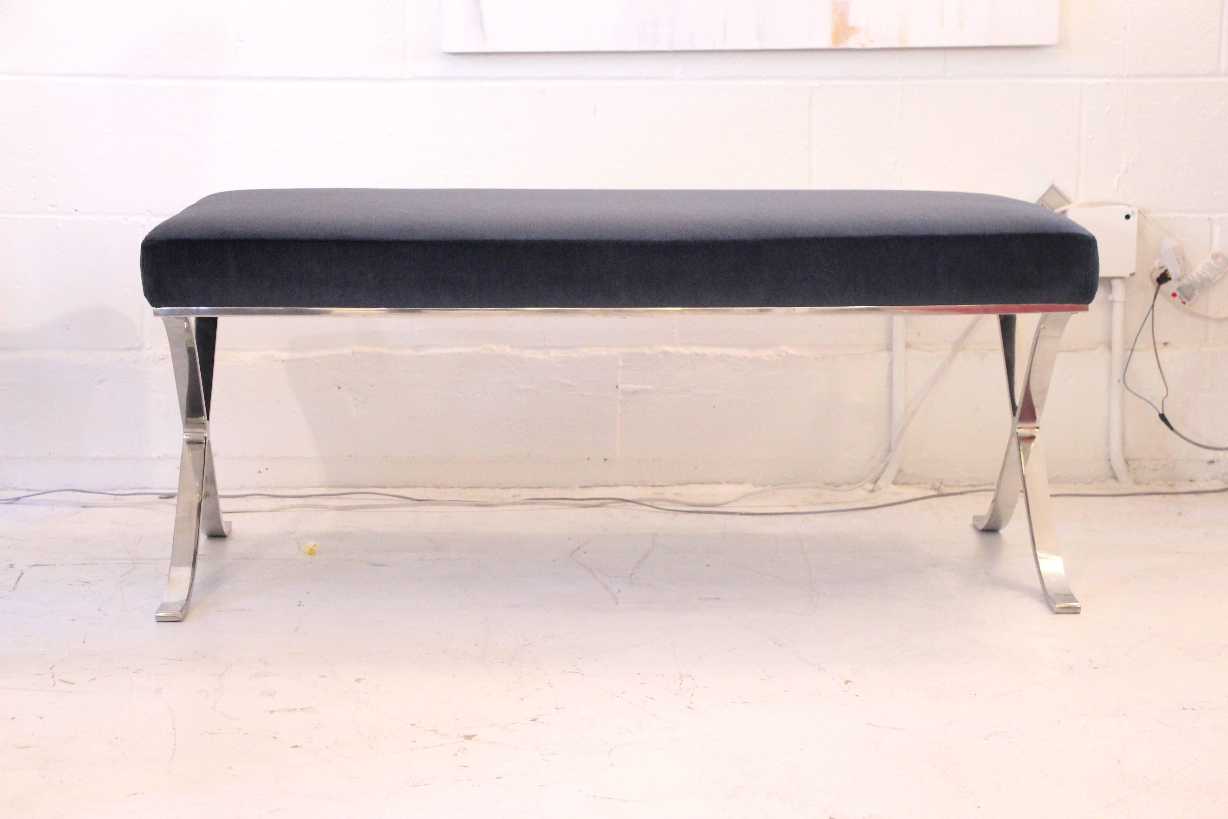 Stunning one of a kind vintage piece. Using the Brueton base of a table, we've created a gorgeous modernist inspired X-bench. Simple upholstery defines a Minimalist look and the midnight blue mohair's subtle nuances in color make this an incredibly