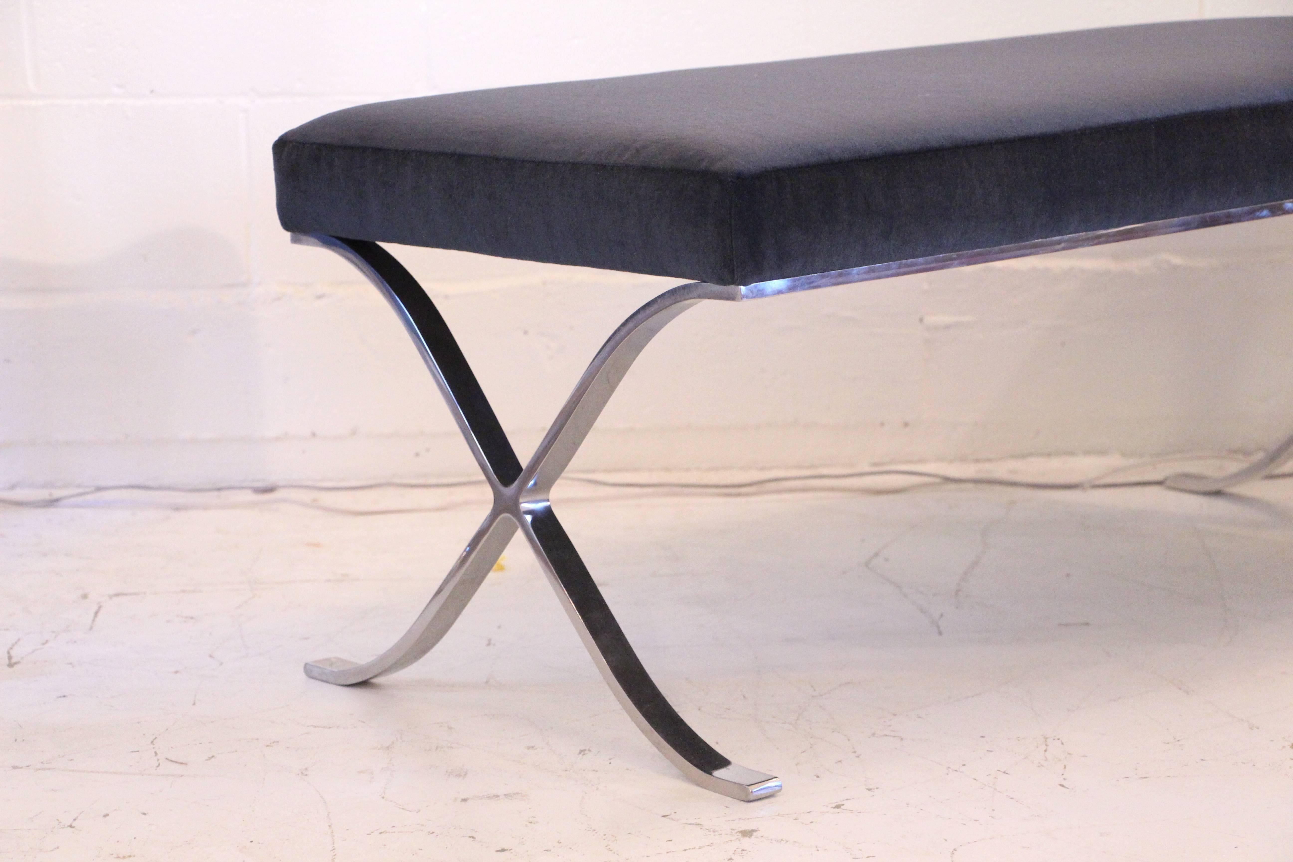 Brueton Chrome Base X-Bench in Midnight Blue Mohair In Excellent Condition In Wilton, CT