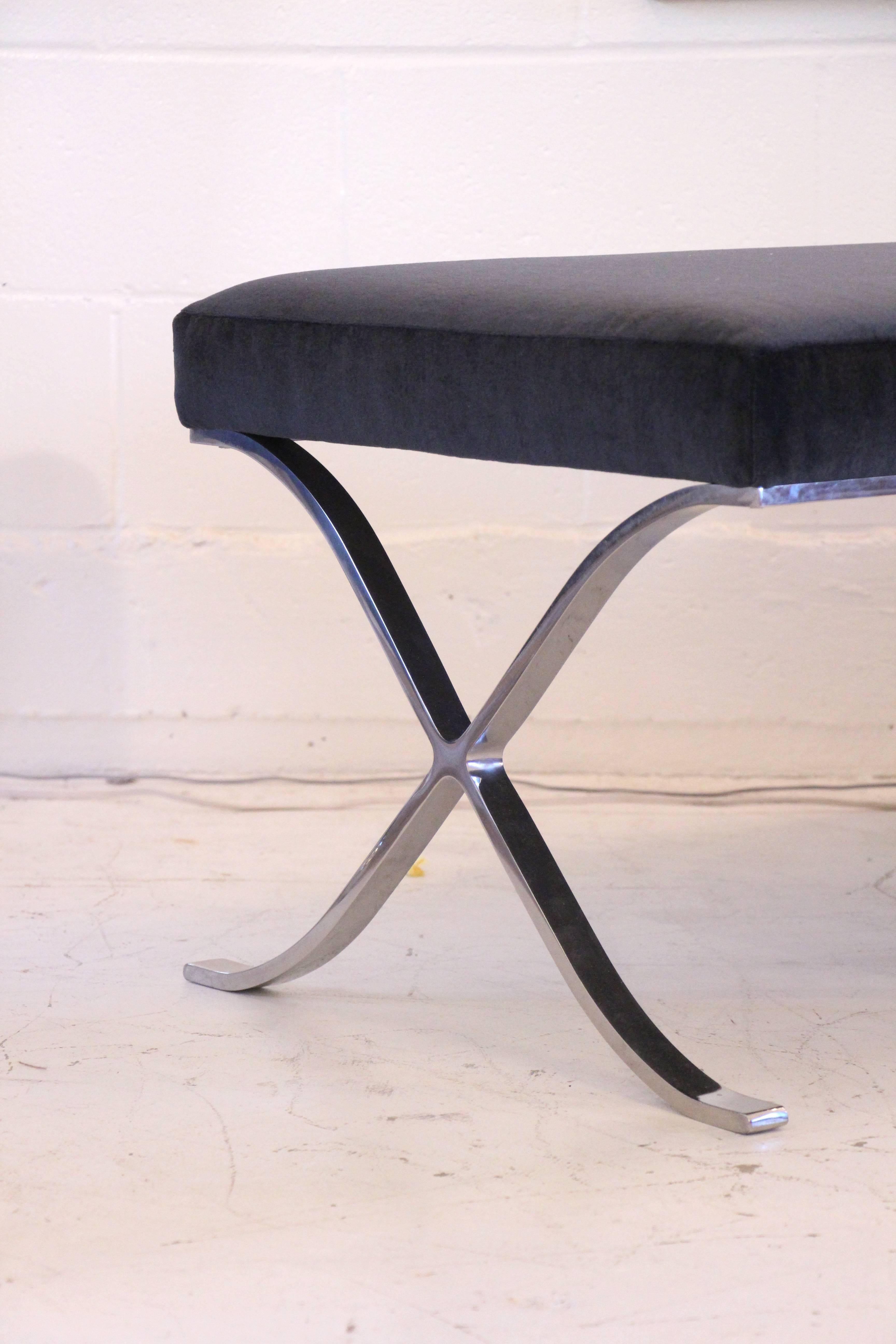 Mid-20th Century Brueton Chrome Base X-Bench in Midnight Blue Mohair