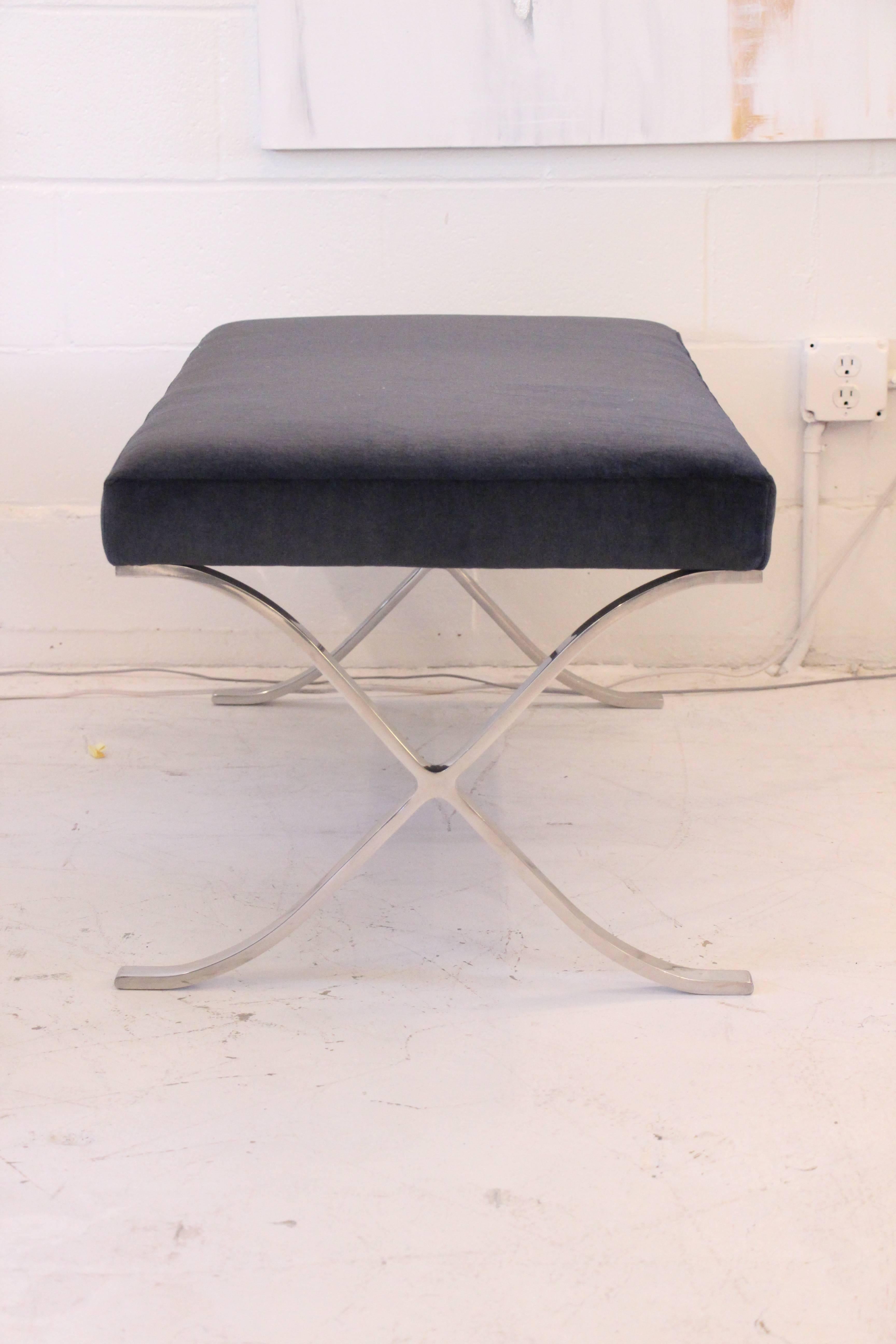 American Brueton Chrome Base X-Bench in Midnight Blue Mohair