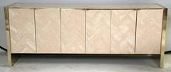 Polished Herringboned Travertine and Brass Credenza by Ello Furniture