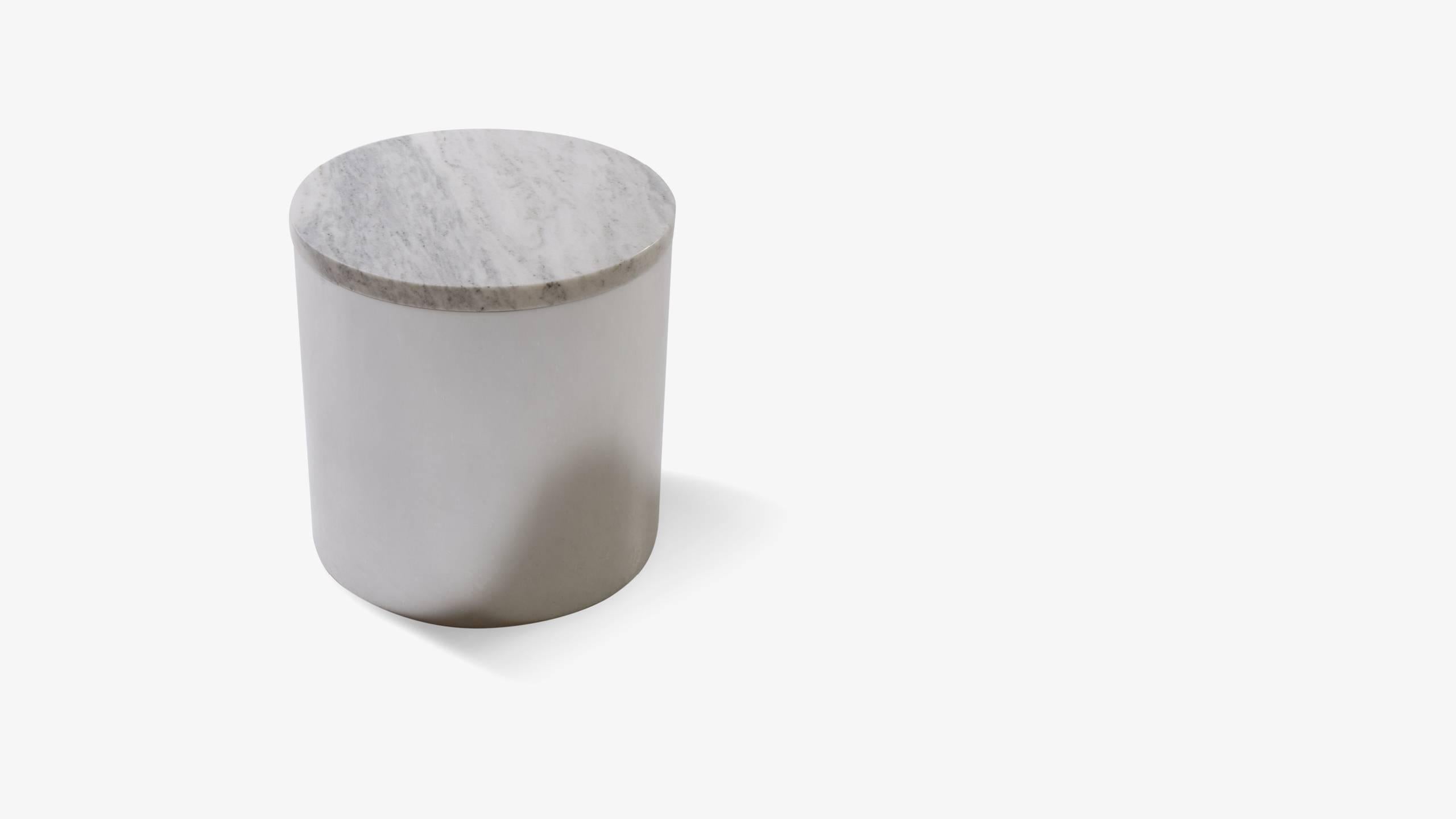 A delicately proportioned clean-lined accent table designed by Paul Mayen for Habitat. Mayen's sense of materiality was spectacular, evident in this Minimalist piece. A simple round cut piece of carrara marble fits seamlessly into a polished steel
