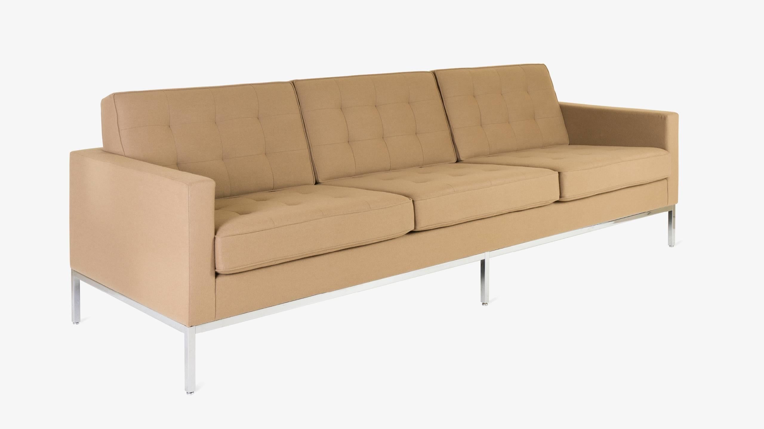 The Classic Florence Knoll Sofa; a quintessential piece of midcentury design. This contemporary edition example (2006) is upholstered in a soft Knoll Textiles wool flannel in Camel. Florence Knoll's design has become the ultimate statement of style