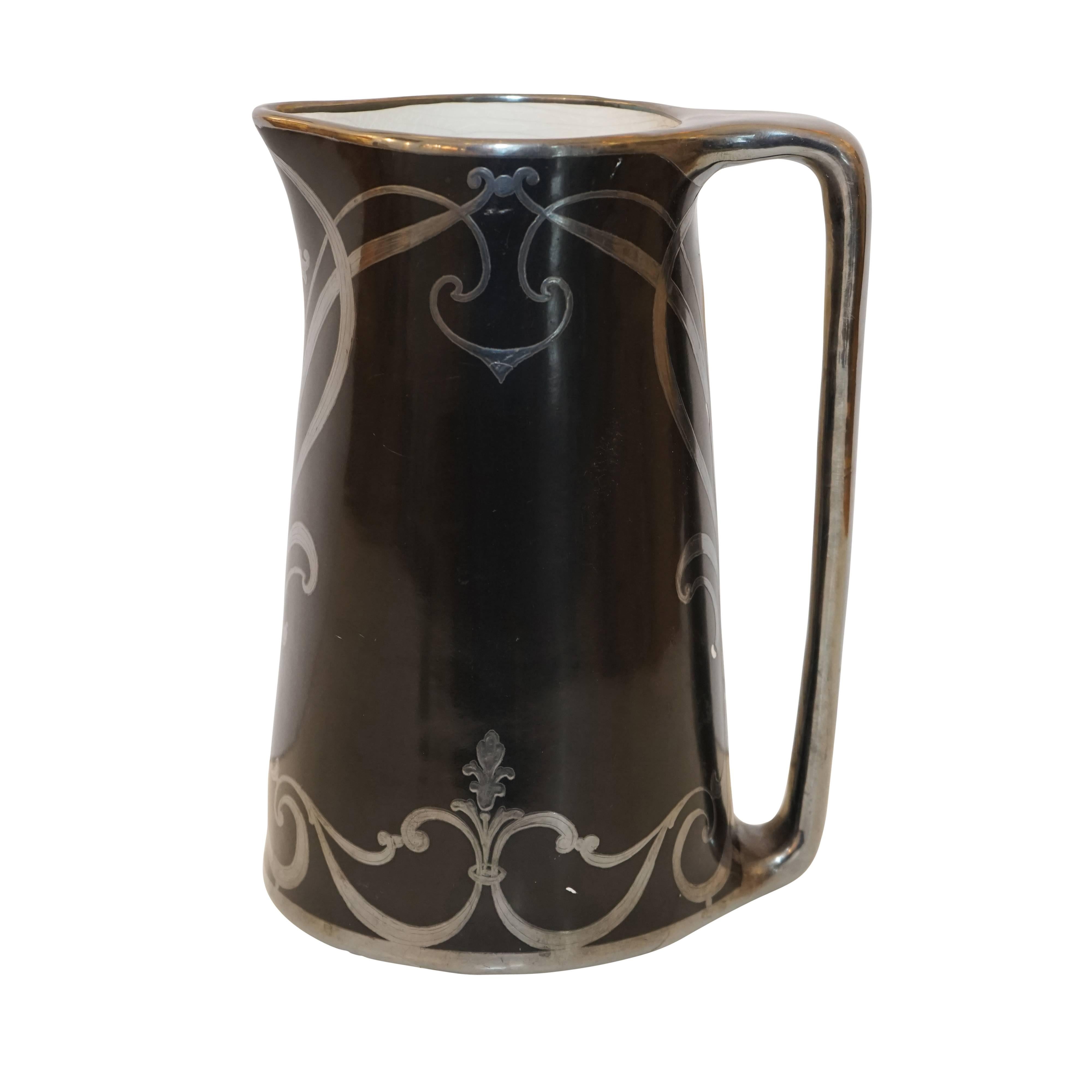 Art Nouveau Silver Overlay Porcelain Pitcher In Good Condition In New York, NY