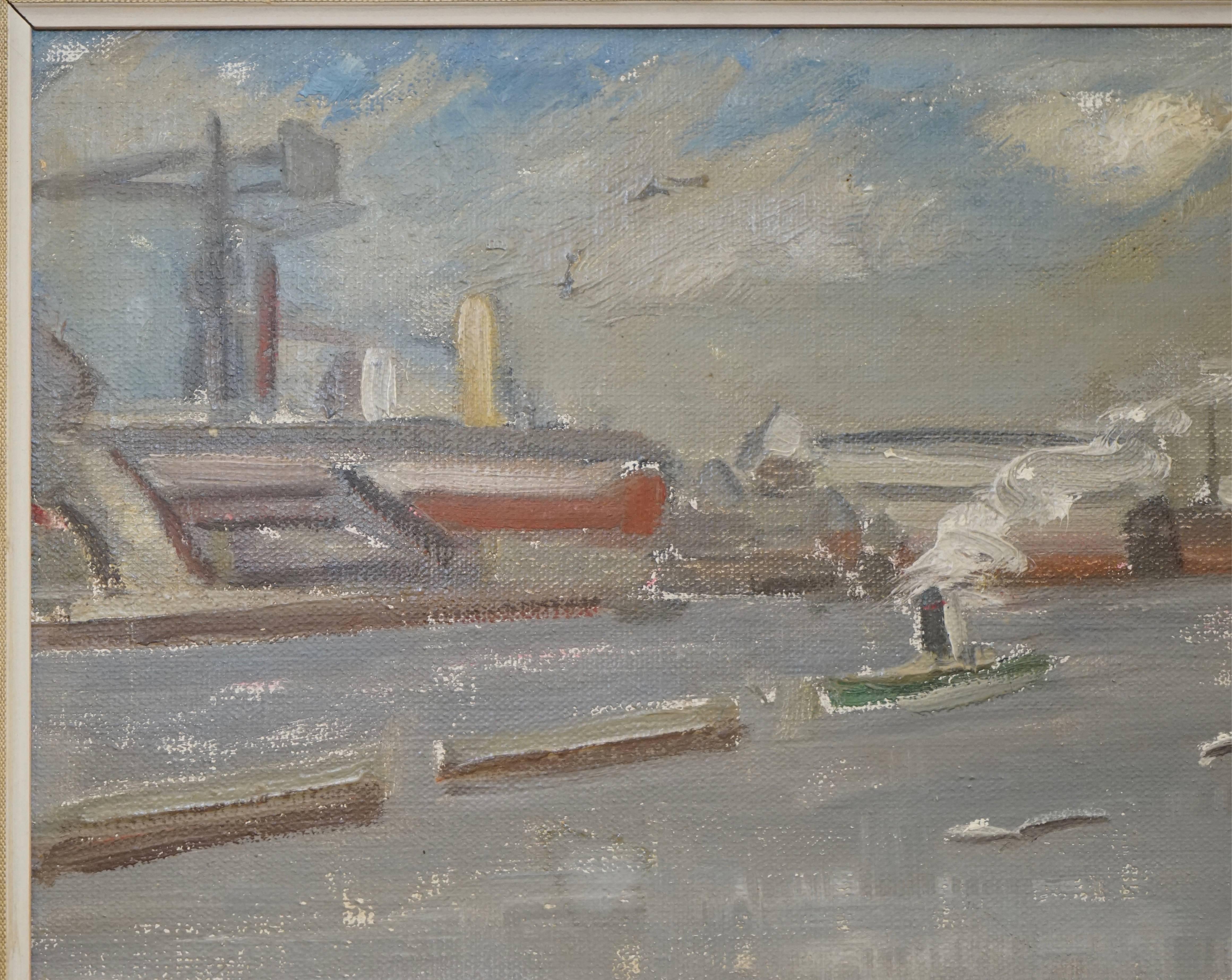 Göteborg, on Sweden's west coast, is a seafaring town, home to Volvo and SKF, is the powerhouse of Swedish industry. This oil painting on canvas, signed by Ivar Berg depicts Eriksberg shipyard in Göteborg's Industrial harbor.