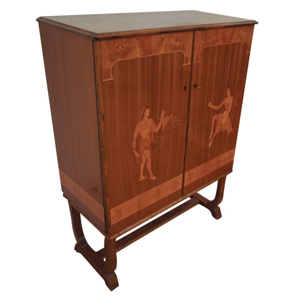 Tempting Mjolby Intarsia Bar Cabinet from Sweden, circa 1920s In Excellent Condition In New York, NY