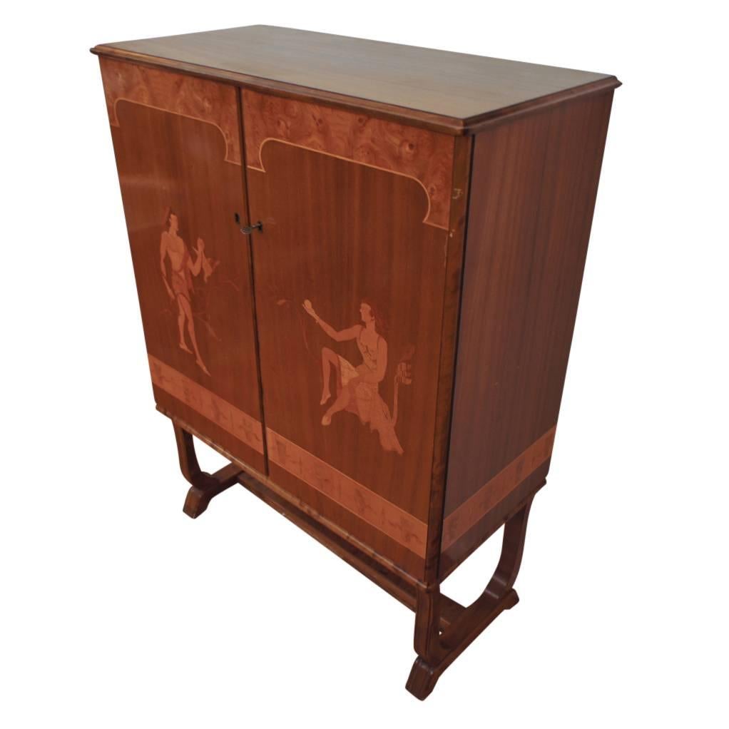 Art Deco Tempting Mjolby Intarsia Bar Cabinet from Sweden, circa 1920s